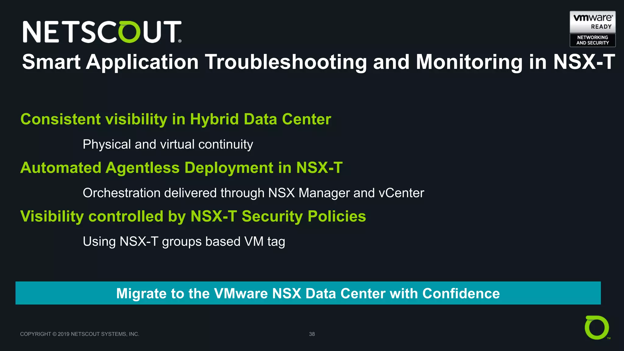 COPYRIGHT © 2019 NETSCOUT SYSTEMS, INC. 38
Smart Application Troubleshooting and Monitoring in NSX-T
Consistent visibility in Hybrid Data Center
Physical and virtual continuity
Automated Agentless Deployment in NSX-T
Orchestration delivered through NSX Manager and vCenter
Visibility controlled by NSX-T Security Policies
Using NSX-T groups based VM tag
Migrate to the VMware NSX Data Center with Confidence
 