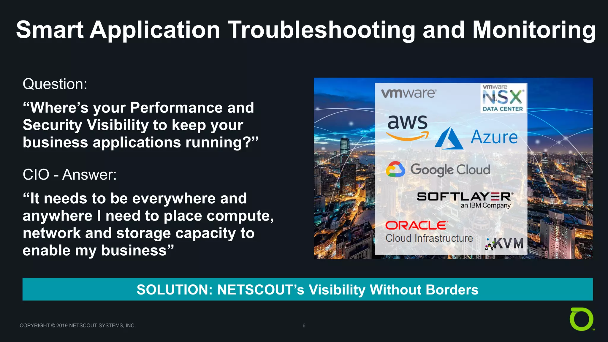 COPYRIGHT © 2019 NETSCOUT SYSTEMS, INC. 6
Smart Application Troubleshooting and Monitoring
Question:
“Where’s your Performance and
Security Visibility to keep your
business applications running?”
CIO - Answer:
“It needs to be everywhere and
anywhere I need to place compute,
network and storage capacity to
enable my business”
SOLUTION: NETSCOUT’s Visibility Without Borders
 