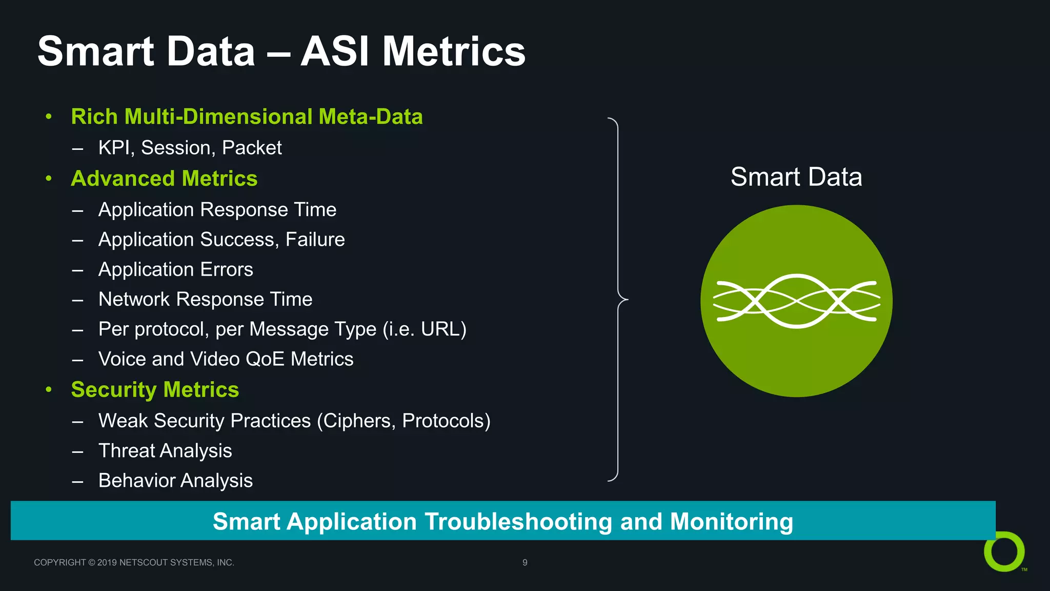COPYRIGHT © 2019 NETSCOUT SYSTEMS, INC. 9
Smart Data – ASI Metrics
• Rich Multi-Dimensional Meta-Data
– KPI, Session, Packet
• Advanced Metrics
– Application Response Time
– Application Success, Failure
– Application Errors
– Network Response Time
– Per protocol, per Message Type (i.e. URL)
– Voice and Video QoE Metrics
• Security Metrics
– Weak Security Practices (Ciphers, Protocols)
– Threat Analysis
– Behavior Analysis
Smart Data
Smart Application Troubleshooting and Monitoring
 