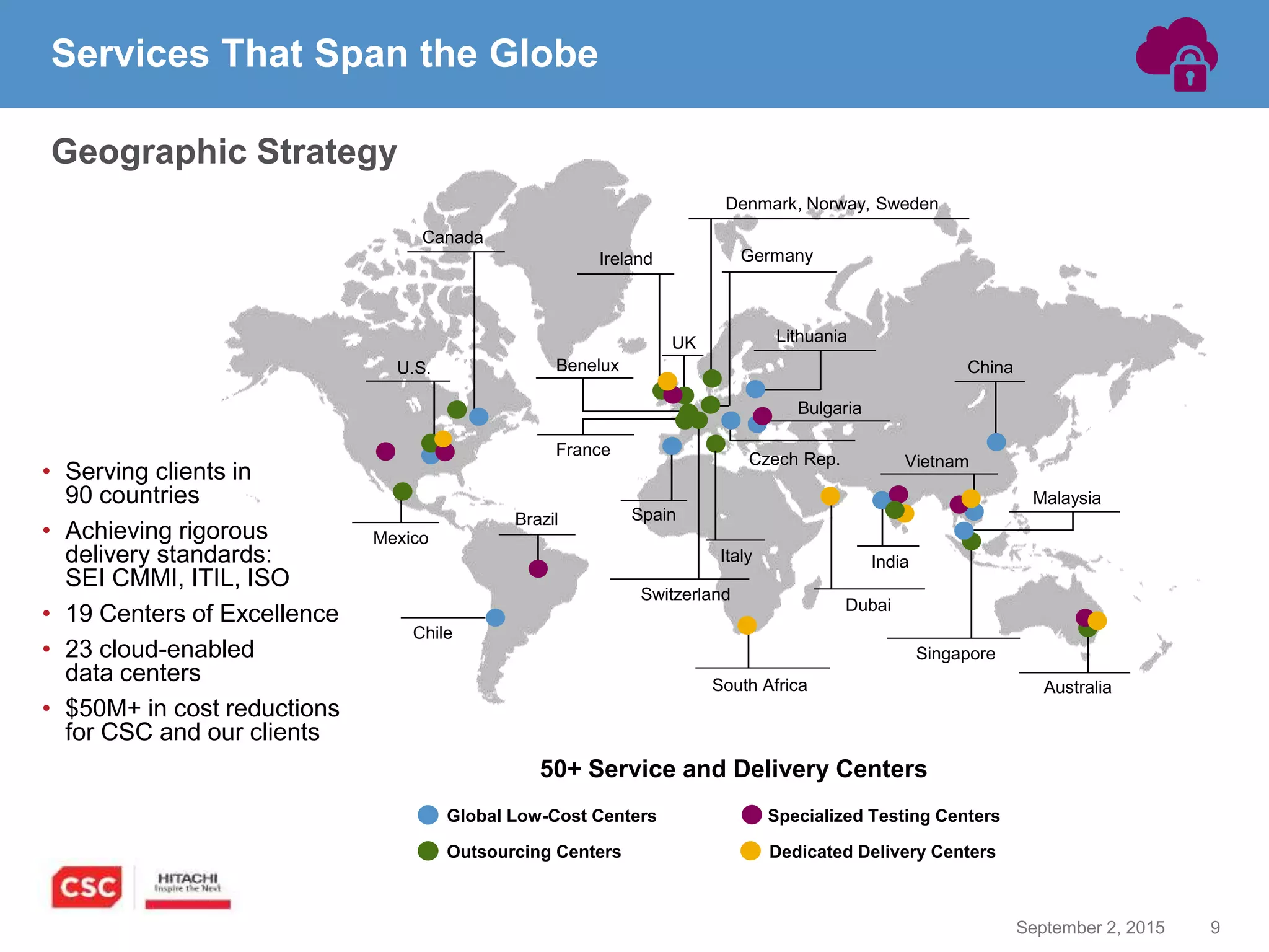 9September 2, 2015
Services That Span the Globe
Geographic Strategy
Global Low-Cost Centers
50+ Service and Delivery Centers
Specialized Testing Centers
Outsourcing Centers Dedicated Delivery Centers
Canada
South Africa Australia
India
Spain
U.S.
Vietnam
Singapore
Denmark, Norway, Sweden
GermanyIreland
Benelux China
Switzerland
Czech Rep.
UK
Dubai
Chile
France
Italy
Malaysia
Lithuania
Bulgaria
Mexico
Brazil
• Serving clients in
90 countries
• Achieving rigorous
delivery standards:
SEI CMMI, ITIL, ISO
• 19 Centers of Excellence
• 23 cloud-enabled
data centers
• $50M+ in cost reductions
for CSC and our clients
 