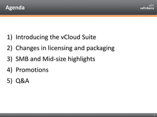 Agenda



1) Introducing the vCloud Suite
2) Changes in licensing and packaging
3) SMB and Mid-size highlights
4) Promotio...