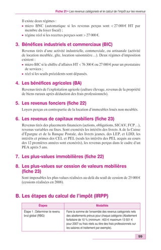 Fiche 21 • Les revenus catégoriels et le calcul de l’impôt sur les revenus 
Il existe deux régimes : 
c micro BNC (automatique si les revenus perçus sont < 27 000 € HT par 
membre du foyer fiscal) ; 
c régime réel si les recettes perçues sont > 27 000 €. 
99 
3. Bénéfices industriels et commerciaux (BIC) 
Revenus tirés d’une activité industrielle, commerciale, ou artisanale (activité 
de location meublée, gîte, location saisonnière…). Deux régimes d’imposition 
existent : 
c micro BIC si le chiffre d’affaires HT < 76 300 € ou 27 000 € pour un prestataire 
de services ; 
c réel si les seuils précédents sont dépassés. 
4. Les bénéfices agricoles (BA) 
Revenus tirés de l’exploitation agricole (culture élevage, revenus de la propriété 
de biens ruraux après déduction des frais professionnels). 
5. Les revenus fonciers (fiche 22) 
Loyers perçus en contrepartie de la location d’immeubles loués non meublés. 
6. Les revenus de capitaux mobiliers (fiche 23) 
Revenus tirés des placements financiers (actions, obligations, SICAV, FCP…), 
revenus variables ou fixes. Sont exonérés les intérêts des livrets A de la Caisse 
d’Épargne et de la Banque Postale, des livrets jeunes, des LEP, et LDD, les 
intérêts et primes des CEL et PEL (seuls les intérêts des PEL acquis au cours 
des 12 premières années sont exonérés), les revenus perçus dans le cadre d’un 
PEA après 5 ans. 
7. Les plus-values immobilières (fiche 22) 
8. Les plus-values sur cession de valeurs mobilières 
(fiche 23) 
Sont imposables les plus-values réalisées au-delà du seuil de cession de 25 000 € 
(cessions réalisées en 2008). 
B. Les étapes du calcul de l’impôt (IRPP) 
Étapes Modalités 
Étape 1 : Déterminer le revenu 
brut global (RBG) 
Faire la somme de l’ensemble des revenus catégoriels nets 
des abattements prévus pour chaque catégorie (Abattement 
forfaitaire de 10 % (minimum : 403 € maximum 13 501 € 
pour 2007 ou frais réels au titre des frais professionnels sur 
les salaires et traitement par exemple). 
 