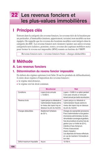 22 Les revenus fonciers et 
106 
les plus-values immobilières 
I Principes clés 
Entrent dans la catégorie des revenus fonciers, les revenus tirés de la location par 
un particulier, d’immeubles (maison, appartement, terrains) non meublés ou non 
équipés. On rappelle que les revenus des locations meublées sont intégrés dans la 
catégorie des BIC. Les revenus fonciers nets viennent s’ajouter aux autres revenus 
catégoriels nets (salaires, pensions, rentes, revenus des capitaux mobiliers nets) 
pour former le revenu net imposable (RNI) soumis au barème de l’IRPP. 
Revenus fonciers nets = revenus fonciers bruts – charges déductibles 
II Méthode 
A. Les revenus fonciers 
1. Détermination du revenu foncier imposable 
En dehors des régimes spéciaux (voir fiche 26 sur les produits de défiscalisation), 
il existe deux régimes d’imposition des revenus fonciers : 
c le régime microfoncier, 
c le régime réel de droit commun. 
Microfoncier Réel 
Conditions Loyers bruts annuels 
< 15 000 €. 
Loyers > 15000 € ou option pendant 
3 ans avec ensuite un renouvel-lement 
annuel par tacite reconduction. 
Revenus bruts Loyers perçus ou réévalués si 
l’administration fiscale estime 
le niveau des loyers trop en 
dessous du prix du marché. 
Loyers perçus ou réévalués si 
l’administration fiscale estime le 
niveau des loyers trop en dessous 
du prix du marché 
Charges déductibles Abattement forfaitaire 
de 30 %. 
Charges de copropriété (provisions) 
Frais d’administration et de gestion 
(honoraires administrateur du bien, 
rémunération concierges et gardiens, 
frais de procédure et autres frais de 
gestion pour un forfait de 20 €). 
Intérêts et frais d’emprunt. 
Primes d’assurances 
(loyers impayés.) 
Les dépenses de travaux effectués 
en vue de maintenir l’immeuble en 
bon état. 
Déficit maximum Imputable Aucun. 10 700 €. 
 