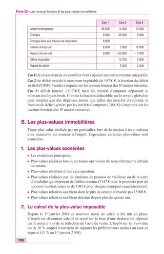 Fiche 22 • Les revenus fonciers et les plus-values immobilières 
108 
Cas 1 Cas 2 Cas 3 
Loyers bruts perçus 25 000 10 000 10 000 
Charges 5 000 25 000 5 000 
Charges liées aux travaux de réparation 8 000 
Intérêts d’emprunt 6 000 5 000 12 000 
Revenu foncier net 6 000 – 20 000 – 7 000 
Déficit imputable 10 700 5 000 
Report de déficit 9 300 2 000 
Cas 1 : le revenu foncier est positif et vient s’ajouter aux autres revenus catégoriels. 
Cas 2 : le déficit excède le maximum imputable de 10 700 €, la fraction du déficit 
au-delà (9300 €) viendra s’imputer sur les revenus fonciers des 10 années suivantes. 
Cas 3 : déficit foncier < 10 700 € mais les intérêts d’emprunt dépassent le 
montant des loyers bruts. Comme la fraction déductible sur le revenu global ne 
peut résulter que des dépenses autres que celles des intérêts d’emprunt, la 
fraction du déficit généré par les intérêts d’emprunt (2 000 €) s’imputera sur les 
revenus fonciers des 10 années suivantes. 
B. Les plus-values immobilières 
Toute plus-value réalisée par un particulier, lors de la cession à titre onéreux 
d’un immeuble est soumise à l’impôt. Cependant, certaines plus-values sont 
exonérées. 
1. Les plus-values exonérées 
c Les résidences principales. 
c Plus-values réalisées lors de certaines opérations de remembrements urbains 
ou ruraux. 
c Plus-values résultant d’une expropriation. 
c Plus-values réalisées par les titulaires de pension de vieillesse ou de la carte 
d’invalidité qui disposent de faibles revenus (7 417 € pour la première part du 
quotient familial, majorée de 1 981 € pour chaque demi-part supplémentaire). 
c Plus-values relatives aux biens dont le prix de cession n’excède pas 15 000 €. 
c Plus-values relatives aux biens détenus depuis plus de quinze ans. 
2. Le calcul de la plus-value imposable 
Depuis le 1er janvier 2004 un nouveau mode de calcul a été mis en place. 
L’impôt est désormais calculé et versé sur la base d’une déclaration déposée 
par le notaire lors de la rédaction de l’acte de vente. L’impôt sur la plus-value 
est de 16 % auquel il convient de rajouter les prélèvements sociaux au taux en 
vigueur (11 % au 1er janvier 2 008). 
 