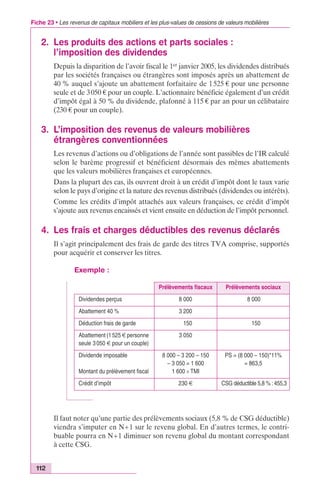 Fiche 23 • Les revenus de capitaux mobiliers et les plus-values de cessions de valeurs mobilières 
2. Les produits des actions et parts sociales : 
112 
l’imposition des dividendes 
Depuis la disparition de l’avoir fiscal le 1er janvier 2005, les dividendes distribués 
par les sociétés françaises ou étrangères sont imposés après un abattement de 
40 % auquel s’ajoute un abattement forfaitaire de 1 525 € pour une personne 
seule et de 3 050 € pour un couple. L’actionnaire bénéficie également d’un crédit 
d’impôt égal à 50 % du dividende, plafonné à 115 € par an pour un célibataire 
(230 € pour un couple). 
3. L’imposition des revenus de valeurs mobilières 
étrangères conventionnées 
Les revenus d’actions ou d’obligations de l’année sont passibles de l’IR calculé 
selon le barème progressif et bénéficient désormais des mêmes abattements 
que les valeurs mobilières françaises et européennes. 
Dans la plupart des cas, ils ouvrent droit à un crédit d’impôt dont le taux varie 
selon le pays d’origine et la nature des revenus distribués (dividendes ou intérêts). 
Comme les crédits d’impôt attachés aux valeurs françaises, ce crédit d’impôt 
s’ajoute aux revenus encaissés et vient ensuite en déduction de l’impôt personnel. 
4. Les frais et charges déductibles des revenus déclarés 
Il s’agit principalement des frais de garde des titres TVA comprise, supportés 
pour acquérir et conserver les titres. 
Exemple : 
Il faut noter qu’une partie des prélèvements sociaux (5,8 % de CSG déductible) 
viendra s’imputer en N+1 sur le revenu global. En d’autres termes, le contri-buable 
pourra en N+1 diminuer son revenu global du montant correspondant 
à cette CSG. 
Prélèvements fiscaux Prélèvements sociaux 
Dividendes perçus 8 000 8 000 
Abattement 40 % 3 200 
Déduction frais de garde 150 150 
Abattement (1 525 € personne 
3 050 
seule 3 050 € pour un couple) 
Dividende imposable 
Montant du prélèvement fiscal 
8 000 – 3 200 – 150 
– 3 050 = 1 600 
1 600 ¥ TMI 
PS = (8 000 – 150)*11% 
= 863,5 
Crédit d’impôt 230 € CSG déductible 5,8 % : 455,3 
 