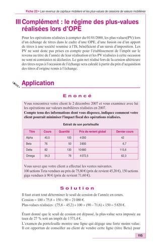 Fiche 23 • Les revenus de capitaux mobiliers et les plus-values de cessions de valeurs mobilières 
IIIComplément : le régime des plus-values 
réalisées lors d’OPE 
Pour les opérations réalisées à compter du 01/01/2000, les plus-values(PV) lors 
d’un échange de titres dans le cadre d’une OPE, d’une fusion ou d’un apport 
de titres à une société soumise à l’IS, bénéficient d’un sursis d’imposition. Les 
PV ne sont donc pas prises en compte pour l’établissement de l’impôt sur le 
revenu au titre de l’année de leur réalisation et les PV réalisées à cette occasion 
ne sont ni constatées ni déclarées. Le gain net réalisé lors de la cession ultérieure 
des titres reçus à l’occasion de l’échange sera calculé à partir du prix d’acquisition 
des titres d’origine remis à l’échange. 
Vous rencontrez votre client le 2 décembre 2007 et vous examinez avec lui 
les opérations sur valeurs mobilières réalisées en 2007. 
Compte tenu des informations dont vous disposez, indiquez comment votre 
client pourrait minimiser l’impact fiscal des opérations réalisées. 
Extrait de son portefeuille 
Titre Cours Quantité Prix de revient global Dernier cours 
Alpha 40,5 100 4 050 42 
Beta 76 50 3 800 6,7 
Delta 82 130 10 660 115,6 
Omega 54,3 76 4 072,5 62,3 
Vous savez que votre client a effectué les ventes suivantes. 
100 actions Teta vendues au prix de 75,80 € (prix de revient 45,20 €), 150 actions 
giga vendues à 90 € (prix de revient 71,60 €). 
115 
Application 
E n o n c é 
S o l u t i o n 
Il faut avant tout déterminer le seuil de cession de l’année en cours. 
Cession = 100 ¥ 75,8 + 150 ¥ 90 = 21 080 €. 
Plus-values réalisées : (75,8 – 45,2) ¥ 100 + (90 – 71,6) ¥ 150 = 5 820 €. 
Étant donné que le seuil de cession est dépassé, la plus-value sera imposée au 
taux de 27 % soit un impôt de 1 571,4 €. 
L’examen du portefeuille montre une ligne qui dégage une forte moins value. 
Il est opportun de conseiller au client de vendre cette ligne (titre Beta) pour 
 