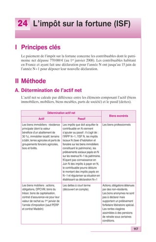 117 
24 L’impôt sur la fortune (ISF) 
I Principes clés 
Le paiement de l’impôt sur la fortune concerne les contribuables dont le patri-moine 
net dépasse 770 000 € (au 1er janvier 2008). Les contribuables habitant 
en France et ayant fait une déclaration pour l’année N ont jusqu’au 15 juin de 
l’année N+1 pour déposer leur nouvelle déclaration. 
II Méthode 
A. Détermination de l’actif net 
L’actif net se calcule par différence entre les éléments composant l’actif (biens 
immobiliers, mobiliers, biens meubles, parts de société) et le passif (dettes). 
Détermination actif net 
Biens exonérés 
Actif Passif 
Les biens immobiliers : résidence 
principale (dont la valeur 
bénéficie d’un abattement de 
30 %), immobilier locatif, terrains 
à bâtir, terres agricoles et parts de 
groupements fonciers agricoles, 
bois et forêts. 
Les impôts que doit acquitter le 
contribuable en N viennent 
s’ajouter au passif : Il s’agit de : 
l’IRPP N–1, l’ISF N, les impôts 
locaux N (taxe d’habitation et 
foncière sur les biens immobiliers 
constituant le patrimoine), les 
prélèvements sociaux payés en N 
sur les revenus N–1 du patrimoine. 
N’ayant pas connaissance en 
Juin N des impôts à payer en N, 
le contribuable pourra déduire 
le montant des impôts payés en 
N–1 et régulariser sa situation en 
établissant sa déclaration N+1 
Les biens professionnels 
Les biens mobiliers : actions, 
obligations, OPCVM, bons du 
trésor, bons de capitalisation, 
contrat d’assurance-vie pour leur 
valeur de rachat au 1er janvier de 
l’année d’imposition (sauf PERP 
et contrat Madelin) 
Les dettes à court terme 
(découvert en compte). 
Actions, obligations détenues 
par des non-résidents. 
Les bons anonymes ne sont 
pas à déclarer mais 
supportent un prélèvement 
forfaitaire libératoire spécial. 
Les rentes viagères 
assimilées à des pensions 
de retraite sous certaines 
conditions. 
 