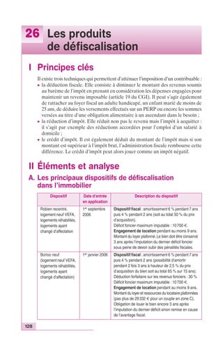26 Les produits 
128 
de défiscalisation 
I Principes clés 
Il existe trois techniques qui permettent d’atténuer l’imposition d’un contribuable : 
c la déduction fiscale. Elle consiste à diminuer le montant des revenus soumis 
au barème de l’impôt en prenant en considération les dépenses engagées pour 
maintenir un revenu imposable (article 19 du CGI). Il peut s’agir également 
de rattacher au foyer fiscal un adulte handicapé, un enfant marié de moins de 
25 ans, de déduire les versements effectués sur un PERP ou encore les sommes 
versées au titre d’une obligation alimentaire à un ascendant dans le besoin ; 
c la réduction d’impôt. Elle réduit non pas le revenu mais l’impôt à acquitter : 
il s’agit par exemple des réductions accordées pour l’emploi d’un salarié à 
domicile ; 
c le crédit d’impôt. Il est également déduit du montant de l’impôt mais si son 
montant est supérieur à l’impôt brut, l’administration fiscale rembourse cette 
différence. Le crédit d’impôt peut alors jouer comme un impôt négatif. 
II Éléments et analyse 
A. Les principaux dispositifs de défiscalisation 
dans l’immobilier 
Dispositif Date d’entrée 
en application 
Description du dispositif 
Robien recentré, 
logement neuf VEFA, 
logements réhabilités, 
logements ayant 
changé d’affectation 
1er septembre 
2006 
Dispositif fiscal : amortissement 6 % pendant 7 ans 
puis 4 % pendant 2 ans (soit au total 50 % du prix 
d’acquisition). 
Déficit foncier maximum imputable : 10 700 €. 
Engagement de location pendant au moins 9 ans. 
Montant du loyer plafonné. Le bien doit être conservé 
3 ans après l’imputation du dernier déficit foncier 
sous peine de devoir subir des pénalités fiscales. 
Borloo neuf 
(logement neuf VEFA, 
logements réhabilités, 
logements ayant 
changé d’affectation) 
1er janvier 2006 Dispositif fiscal : amortissement 6 % pendant 7 ans 
puis 4 % pendant 2 ans (possibilité d’amortir 
pendant 2 fois 3 ans à hauteur de 2,5 % du prix 
d’acquisition du bien soit au total 65 % sur 15 ans). 
Déduction forfaitaire sur les revenus fonciers : 30 % 
Déficit foncier maximum imputable : 10 700 €. 
Engagement de location pendant au moins 9 ans. 
Montant du loyer et ressources du locataire plafonnées 
(pas plus de 29 332 € pour un couple en zone C). 
Obligation de louer le bien encore 3 ans après 
l’imputation du dernier déficit sinon remise en cause 
de l’avantage fiscal. 
 
