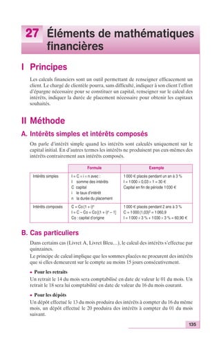 27 Éléments de mathématiques 
135 
financières 
I Principes 
Les calculs financiers sont un outil permettant de renseigner efficacement un 
client. Le chargé de clientèle pourra, sans difficulté, indiquer à son client l’effort 
d’épargne nécessaire pour se constituer un capital, renseigner sur le calcul des 
intérêts, indiquer la durée de placement nécessaire pour obtenir les capitaux 
souhaités. 
II Méthode 
A. Intérêts simples et intérêts composés 
On parle d’intérêt simple quand les intérêts sont calculés uniquement sur le 
capital initial. En d’autres termes les intérêts ne produisent pas eux-mêmes des 
intérêts contrairement aux intérêts composés. 
Intérêts simples I = C ¥ i ¥ n avec : 
I somme des intérêts 
C capital 
i le taux d’intérêt 
n la durée du placement 
Intérêts composés C = Co (1 + i)n 
I = C – Co = Co [(1 + i)n – 1] 
Co : capital d’origine 
B. Cas particuliers 
Formule Exemple 
1 000 € placés pendant un an à 3 % 
I = 1 000 ¥ 0,03 ¥ 1 = 30 € 
Capital en fin de période 1 030 € 
1 000 € placés pendant 2 ans à 3 % 
C = 1 000 (1,03)2 = 1 060,9 
I = 1 000 ¥ 3 % + 1 030 ¥ 3 % = 60,90 € 
Dans certains cas (Livret A, Livret Bleu…), le calcul des intérêts s’effectue par 
quinzaines. 
Le principe de calcul implique que les sommes placées ne procurent des intérêts 
que si elles demeurent sur le compte au moins 15 jours consécutivement. 
c Pour les retraits 
Un retrait le 14 du mois sera comptabilisé en date de valeur le 01 du mois. Un 
retrait le 18 sera lui comptabilité en date de valeur du 16 du mois courant. 
c Pour les dépôts 
Un dépôt effectué le 13 du mois produira des intérêts à compter du 16 du même 
mois, un dépôt effectué le 20 produira des intérêts à compter du 01 du mois 
suivant. 
 