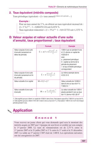 Fiche 27 • Éléments de mathématiques financières 
137 
2. Taux équivalent (intérêts composés) 
Taux périodique équivalent = (1+ taux annuel) 1/durée de la période – 1 
Exemple : 
Pour un taux annuel de 5 %, on obtient un taux équivalent mensuel de : 
(1+ 5 %)1/12 – 1 = 0,004 074 124 soit 0,4 074 % 
Taux équivalent trimestriel = (1 + 5%)1/4 – 1 = 0,0 122 722 soit 1,2 272 % 
D. Valeur acquise et valeur actuelle d’une suite 
d’annuité, taux proportionnel ; taux équivalent 
Application 
Formule Exemple 
C a(1 + i)(1 + i)n – 1 
= -------------------------- 
i 
C a (1 + i)n – 1 
= -------------------------- 
i 
VA a 1 (1 + i) – n – 
= ----------------------------- 
i 
É n o n c é 1 
Valeur acquise d’une suite 
d’annuité (versement en 
début de période) 
1 000 € par an pendant 4 ans 
à 5 % donne un capital de 
4 525,63 € 
avec 
a : placement périodique 
C : capital au terme de la 
période de placement 
i : le taux d’intérêt périodique 
correspondant 
Valeur acquise d’une suite 
d’annuité (versement en fin 
de période) 
Le même exemple donne 
4 310,12 € 
Valeur actuelle d’un capital VA = C (1 + i)–n Valeur actuelle de 10 000 € 
dans 8 ans au taux de 4 % : 
7 306,9 €. 1 
Valeur actuelle d’une suite 
d’annuité 
La valeur actuelle de 1 000 € 
placés pendant 5 ans au taux 
de 4 % donne 4 451,82 €2 
1. Cela signifie que pour obtenir un capital de 10 000 € dans 8 ans, il faut placer aujourd’hui 7 306,9 € au taux de 4%. 
2. Cela signifie que pour obtenir 4 451,82 € dans 5 ans au taux de 4 %, il faut placer 1 000 €/an à la fin de chaque 
période pendant 4 ans. 
Vous recevez un jeune client qui vous demande quel sera le montant des 
intérêts acquis en 2007 par l ‘épargne de son livret et crédité sur son compte 
le 1er janvier 2008. Le taux de rémunération est de 2,75 % entre le 
1er janvier 2007 et le 31 juillet 2007 et 3 % entre le 1er août et le 31 décembre 
2007. Le solde au 1er janvier 2 007 était de 1 400 €. Les opérations suivantes 
ont été enregistrées en 2007. 
 