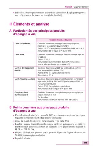 Fiche 28 • L’épargne bancaire 
c la fiscalité. Peu de produits sont aujourd’hui défiscalisés. La plupart supporte 
des prélèvements fiscaux et sociaux (fiche fiscalité). 
morale avec un versement d’au moins 15 € 
Plafond : 15 300 € + capitalisation des intérêts. Solde min. 1,50 € 
Rémunération : 3,5 % depuis le 1er février 2008 
141 
II Éléments et analyse 
A. Particularités des principaux produits 
d’épargne à vue 
Caractéristiques particulières 
Livret A /Livret Bleu Conditions d’ouverture : 1 livret par personne physique ou 
Livret Jeune Conditions d’ouverture : un livret par personne physique âgée de 
12 à 25 ans 
Plafond : 7 700 € 
Rémunération : au minimum celle du livret A (rémunération 
variable selon les réseaux ; en moyenne 4 %) 
Livret de développement 
durable 
Conditions d’ouverture : un LDD par contribuable, 2 par foyer 
fiscal, versement à l’ouverture : 30 € 
Plafond : 6 000 € + capitalisation des intérêts 
Rémunération : 3,5 % 
Livret d’épargne populaire Conditions d’ouverture : Être domicilié fiscalement en France et 
payer moins de 732 € IRPP en 2007 (sur les revenus 2006). Un 
seul LEP par contribuable 
Plafond : 7 700 € + capitalisation des intérêts 
Rémunération : 4,25 % depuis le 1er février 2008 
Compte sur livret 
(livret bancaire B) 
Conditions d’ouverture : un ou plusieurs par personne physique 
avec un minimum de 15 € 
Pas de plafond 
Rémunération : variable, en moyenne entre 2,5 % et 3 % 
B. Points communs aux principaux produits 
d’épargne à vue 
c Capitalisation des intérêts : annuelle (à l’exception du compte sur livret pour 
lequel la capitalisation est effectuée par quinzaine ; 
c mode de calcul des intérêts : par quinzaine (voir fiche 27) ; 
c fiscalité : aucune (excepté pour le compte sur livret qui supporte les prélève-ments 
sociaux et fiscaux au taux en vigueur : 11 % prélèvements sociaux et 
IRPP ou PFL 18 %) ; 
c risque : faible (fonds garantis par la garantie légale des dépôts à hauteur de 
70 000 € tous comptes confondus ; 
c liquidité : élevée ; 
 