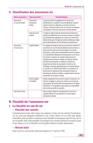 Fiche 31 • L’assurance-vie 
157 
3. Classification des assurances vie 
Nature assurance Type de contrat Caractéristiques 
Assurance 
en cas de décès 
Assurance 
temporaire 
décès 
L’assureur prend l’engagement de verser aux 
bénéficiaires un capital en cas de décès de l’assuré 
avant le terme ou l’âge fixé au contrat. Si aucun 
sinistre n’intervient avant la fin du contrat, les capitaux 
sont perdus. C’est une assurance à fonds perdus. 
Assurance-vie 
entière 
Il s’agit du même type de contrat que la temporaire 
décès à la différence que l’assureur versera un capital 
aux bénéficiaires désignés au contrat au moment du 
décès de l’assuré. Ce type de contrat s’utilise pour régler 
des problématiques de transmission de patrimoine. 
Assurance 
en cas de vie 
Capital différé Un capital est versé à l’assuré au terme du contrat s’il 
est encore en vie. Si l’assuré décède avant ce terme, il 
perd la prime sauf si le contrat intègre une contre-assurance, 
à un bénéficiaire désigné à la souscription ou en cours 
de contrat. Il s’agit ici du contrat d’assurance-vie 
classique avec sortie en capital. Ce type de contrat 
permet de transmettre un capital en évitant de 
supporter les droits de succession (même si cet 
avantage n’est plus significatif pour le conjoint depuis 
le vote de la loi TEPA d’août 2007), de constituer un 
patrimoine en effectuant des versements libres ou 
périodiques, de faire fructifier un capital dans le cas du 
versement d’une prime unique. 
Rente viagère 
immédiate 
Après le paiement d’une prime unique à l’assureur, ce 
dernier s’engage à verser une rente à vie à l’assuré, 
souscripteur du contrat. Afin de se prémunir d’un décès 
prématuré, le souscripteur peut prévoir la réversibilité 
de la rente au profit du conjoint. 
Assurance mixte Ces contrats intègrent une garantie en cas de vie 
(capital différé) et une garantie en cas de décès 
(temporaire décès) 
B. Fiscalité de l’assurance-vie 
1. La fiscalité en cas de vie 
c’est-à-dire la possibilité de verser le capital 
n Fiscalité des retraits 
Contrairement à une idée reçue, les sommes versées sur un contrat d’assurance-vie 
ne sont pas bloquées pendant 8 ans. Cette durée est en effet une durée 
conseillée pour profiter au mieux d’une fiscalité avantageuse après 8 ans. Il est 
en revanche tout à fait possible d’envisager des retraits partiels ou totaux avant 
8 ans. Dans ce cas, la fiscalité sur les gains réalisés est plus importante. 
n Retrait total 
Pour tous les versements effectués depuis le 1er janvier 1998. 
 