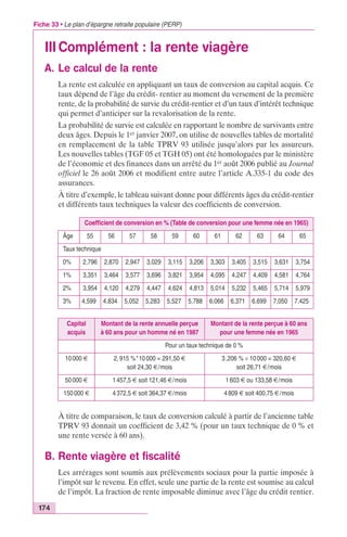 Fiche 33 • Le plan d’épargne retraite populaire (PERP) 
III Complément : la rente viagère 
A. Le calcul de la rente 
174 
La rente est calculée en appliquant un taux de conversion au capital acquis. Ce 
taux dépend de l’âge du crédit- rentier au moment du versement de la première 
rente, de la probabilité de survie du crédit-rentier et d’un taux d’intérêt technique 
qui permet d’anticiper sur la revalorisation de la rente. 
La probabilité de survie est calculée en rapportant le nombre de survivants entre 
deux âges. Depuis le 1er janvier 2007, on utilise de nouvelles tables de mortalité 
en remplacement de la table TPRV 93 utilisée jusqu’alors par les assureurs. 
Les nouvelles tables (TGF 05 et TGH 05) ont été homologuées par le ministère 
de l’économie et des finances dans un arrêté du 1er août 2006 publié au Journal 
officiel le 26 août 2006 et modifient entre autre l’article A.335-1 du code des 
assurances. 
À titre d’exemple, le tableau suivant donne pour différents âges du crédit-rentier 
et différents taux techniques la valeur des coefficients de conversion. 
Coefficient de conversion en % (Table de conversion pour une femme née en 1965) 
Âge 55 56 57 58 59 60 61 62 63 64 65 
Taux technique 
0% 2,796 2,870 2,947 3,029 3,115 3,206 3,303 3,405 3,515 3,631 3,754 
1% 3,351 3,464 3,577 3,696 3,821 3,954 4,095 4,247 4,409 4,581 4,764 
2% 3,954 4,120 4,279 4,447 4,624 4,813 5,014 5,232 5,465 5,714 5,979 
3% 4,599 4,834 5,052 5,283 5,527 5,788 6,066 6,371 6,699 7,050 7,425 
Capital 
acquis 
Montant de la rente annuelle perçue 
à 60 ans pour un homme né en 1987 
Montant de la rente perçue à 60 ans 
pour une femme née en 1965 
Pour un taux technique de 0 % 
10 000 € 2, 915 %*10 000 = 291,50 € 
soit 24,30 €/mois 
3 ,206 % ¥ 10 000 = 320,60 € 
soit 26,71 €/mois 
50 000 € 1 457,5 € soit 121,46 €/mois 1 603 € ou 133,58 €/mois 
150 000 € 4 372,5 € soit 364,37 €/mois 4 809 € soit 400,75 €/mois 
À titre de comparaison, le taux de conversion calculé à partir de l’ancienne table 
TPRV 93 donnait un coefficient de 3,42 % (pour un taux technique de 0 % et 
une rente versée à 60 ans). 
B. Rente viagère et fiscalité 
Les arrérages sont soumis aux prélèvements sociaux pour la partie imposée à 
l’impôt sur le revenu. En effet, seule une partie de la rente est soumise au calcul 
de l’impôt. La fraction de rente imposable diminue avec l’âge du crédit rentier. 
 