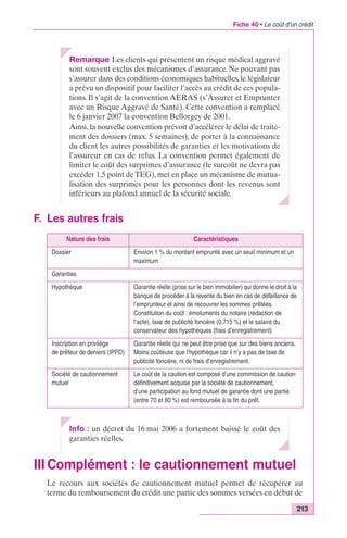 Fiche 40 • Le coût d’un crédit 
Garanties 
Hypothèque Garantie réelle (prise sur le bien immobilier) qui donne le droit à la 
213 
Remarque Les clients qui présentent un risque médical aggravé 
sont souvent exclus des mécanismes d’assurance. Ne pouvant pas 
s’assurer dans des conditions économiques habituelles, le législateur 
a prévu un dispositif pour faciliter l’accès au crédit de ces popula-tions. 
Il s’agit de la convention AERAS (s’Assurer et Emprunter 
avec un Risque Aggravé de Santé). Cette convention a remplacé 
le 6 janvier 2007 la convention Bellorgey de 2001. 
Ainsi, la nouvelle convention prévoit d’accélérer le délai de traite-ment 
des dossiers (max. 5 semaines), de porter à la connaissance 
du client les autres possibilités de garanties et les motivations de 
l’assureur en cas de refus. La convention permet également de 
limiter le coût des surprimes d’assurance (le surcoût ne devra pas 
excéder 1,5 point de TEG), met en place un mécanisme de mutua-lisation 
des surprimes pour les personnes dont les revenus sont 
inférieurs au plafond annuel de la sécurité sociale. 
F. Les autres frais 
Nature des frais Caractéristiques 
Dossier Environ 1 % du montant emprunté avec un seuil minimum et un 
maximum 
banque de procéder à la revente du bien en cas de défaillance de 
l’emprunteur et ainsi de recouvrer les sommes prêtées. 
Constitution du coût : émoluments du notaire (rédaction de 
l’acte), taxe de publicité foncière (0,715 %) et le salaire du 
conservateur des hypothèques (frais d’enregistrement) 
Inscription en privilège 
de prêteur de deniers (IPPD) 
Garantie réelle qui ne peut être prise que sur des biens anciens. 
Moins coûteuse que l’hypothèque car il n’y a pas de taxe de 
publicité foncière, ni de frais d’enregistrement. 
Société de cautionnement 
mutuel 
Le coût de la caution est composé d’une commission de caution 
définitivement acquise par la société de cautionnement, 
d’une participation au fond mutuel de garantie dont une partie 
(entre 70 et 80 %) est remboursée à la fin du prêt. 
Info : un décret du 16 mai 2006 a fortement baissé le coût des 
garanties réelles. 
III Complément : le cautionnement mutuel 
Le recours aux sociétés de cautionnement mutuel permet de récupérer au 
terme du remboursement du crédit une partie des sommes versées en début de 
 