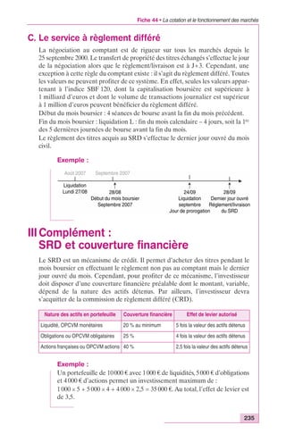 Fiche 44 • La cotation et le fonctionnement des marchés 
Liquidation 
Lundi 27/08 28/09 
Dernier jour ouvré 
Réglement/livraison 
du SRD 
24/09 
Liquidation 
septembre 
Jour de prorogation 
28/08 
Début du mois boursier 
Septembre 2007 
Nature des actifs en portefeuille Couverture financière Effet de levier autorisé 
Liquidité, OPCVM monétaires 20 % au minimum 5 fois la valeur des actifs détenus 
Obligations ou OPCVM obligataires 25 % 4 fois la valeur des actifs détenus 
Actions françaises ou OPCVM actions 40 % 2,5 fois la valeur des actifs détenus 
235 
C. Le service à règlement différé 
La négociation au comptant est de rigueur sur tous les marchés depuis le 
25 septembre 2000. Le transfert de propriété des titres échangés s’effectue le jour 
de la négociation alors que le règlement/livraison est à J+3. Cependant, une 
exception à cette règle du comptant existe : il s’agit du règlement différé. Toutes 
les valeurs ne peuvent profiter de ce système. En effet, seules les valeurs appar-tenant 
à l’indice SBF 120, dont la capitalisation boursière est supérieure à 
1 milliard d’euros et dont le volume de transactions journalier est supérieur 
à 1 million d’euros peuvent bénéficier du règlement différé. 
Début du mois boursier : 4 séances de bourse avant la fin du mois précédent. 
Fin du mois boursier : liquidation L : fin du mois calendaire – 4 jours, soit la 1re 
des 5 dernières journées de bourse avant la fin du mois. 
Le règlement des titres acquis au SRD s’effectue le dernier jour ouvré du mois 
civil. 
Exemple : 
III Complément : 
SRD et couverture financière 
Le SRD est un mécanisme de crédit. Il permet d’acheter des titres pendant le 
mois boursier en effectuant le règlement non pas au comptant mais le dernier 
jour ouvré du mois. Cependant, pour profiter de ce mécanisme, l’investisseur 
doit disposer d’une couverture financière préalable dont le montant, variable, 
dépend de la nature des actifs détenus. Par ailleurs, l’investisseur devra 
s’acquitter de la commission de règlement différé (CRD). 
Exemple : 
Un portefeuille de 10 000 € avec 1 000 € de liquidités, 5 000 € d’obligations 
et 4 000 € d’actions permet un investissement maximum de : 
1 000 ¥ 5 + 5 000 ¥ 4 + 4 000 ¥ 2,5 = 35 000 €. Au total, l’effet de levier est 
de 3,5. 
 