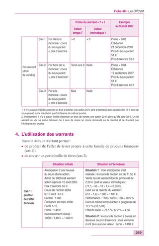 Fiche 48 • Les OPCVM 
1. Il n’y a aucun intérêt à exercer un droit d’acheter une action 20 € (prix d’exercice) alors qu’elle côte 15 € (prix du 
sous-jacent) sur le marché et que l’échéance du call est proche. 
2. Inversement, il n’y a aucun intérêt d’exercer un droit de vendre une action 20 € alors qu’elle côte 25 €. Un tel 
warrant va voir sa prime diminuer car il sera de moins en moins demandé sur le marché et ce d’autant que 
l’échéance est proche. 
259 
Valeur 
temps T 
Put warrant 
(droit 
de vendre) 
Cas 1 Put dans la 
monnaie : cours 
du sous-jacent 
< prix d’exercice 
> 0 > 0 Prime = 0,62 
Cas 2 Put hors de la 
monnaie : cours 
du sous-jacent 
> prix d’exercice2 
Tend vers 0 Nulle Prime = 0,04 
Cas 3 Put à la 
monnaie : cours 
du sous-jacent 
= prix d’exercice 
Max Nulle 
4. L’utilisation des warrants 
Prime du warrant = T + I Exemple 
au 9 août 2007 
Valeur 
intrinsèque I 
Échéance 
21 décembre 2007 
Prix du sous-jacent 
51 € 
Prix d’exercice 53 € 
Échéance 
19 septembre 2007 
Prix du sous-jacent 
51 € 
Prix d’exercice 42 € 
Investir dans un warrant permet : 
c de profiter de l’effet de levier propre à cette famille de produits financiers 
(cas 1) ; 
c de couvrir un portefeuille de titres (cas 2). 
Situation initiale Situation à l’échéance 
Cas 1 : 
profiter 
de l’effet 
de levier 
Anticipation d’une hausse 
du cours d’une action. 
Achat de 1000 call warrant 
action alpha le 10 août 2007. 
Prix d’exercice 55 €. 
Cours de l’action alpha 
le 10 août : 61 €. 
Quotité : 1 000. 
Échéance 20 mars 2008. 
Parité 1/10. 
Prime : 1,40 €. 
Investissement réalisé : 
1 000 ¥ 1,40 € = 1 400 €. 
Situation 1 : mon anticipation s’est 
réalisée : le cours de l’action est de 71,50 €. 
Vente du call warrant dont la prime est de 
2,50 € (soit sa valeur intrinsèque) : 
(71,5 – 55 – 10 ¥ 1,4 = 2,50 €). 
Gain sur la revente du warrant : 
(2,5 – 1,4) ¥ 1000 = 1100 €. 
Performance : 1100/1400 ¥ 100 = 78,5 %. 
Dans le même temps l’action a progressé de 
17,2 % (10,5/61). 
Effet de levier = 78,5 %/17,2 % = 4,56. 
Situation 2 : le cours de l’action a baissé en 
dessous du prix d’exercice ; mes warrants 
n’ont plus aucune valeur : perte = 1400 €. 
 