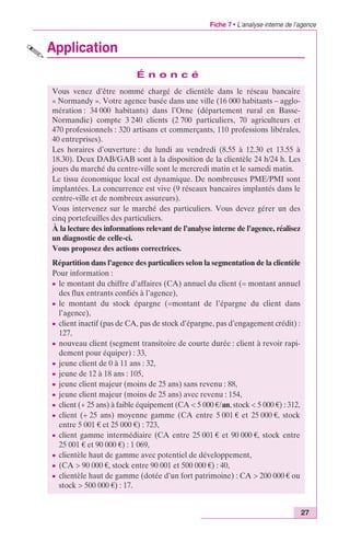 Fiche 7 • L’analyse interne de l’agence 
27 
Application 
É n o n c é 
Vous venez d’être nommé chargé de clientèle dans le réseau bancaire 
« Normandy ». Votre agence basée dans une ville (16 000 habitants – agglo-mération 
: 34 000 habitants) dans l’Orne (département rural en Basse- 
Normandie) compte 3 240 clients (2 700 particuliers, 70 agriculteurs et 
470 professionnels : 320 artisans et commerçants, 110 professions libérales, 
40 entreprises). 
Les horaires d’ouverture : du lundi au vendredi (8.55 à 12.30 et 13.55 à 
18.30). Deux DAB/GAB sont à la disposition de la clientèle 24 h/24 h. Les 
jours du marché du centre-ville sont le mercredi matin et le samedi matin. 
Le tissu économique local est dynamique. De nombreuses PME/PMI sont 
implantées. La concurrence est vive (9 réseaux bancaires implantés dans le 
centre-ville et de nombreux assureurs). 
Vous intervenez sur le marché des particuliers. Vous devez gérer un des 
cinq portefeuilles des particuliers. 
À la lecture des informations relevant de l’analyse interne de l’agence, réalisez 
un diagnostic de celle-ci. 
Vous proposez des actions correctrices. 
Répartition dans l’agence des particuliers selon la segmentation de la clientèle 
Pour information : 
c le montant du chiffre d’affaires (CA) annuel du client (= montant annuel 
des flux entrants confiés à l’agence), 
c le montant du stock épargne (=montant de l’épargne du client dans 
l’agence), 
c client inactif (pas de CA, pas de stock d’épargne, pas d’engagement crédit) : 
127, 
c nouveau client (segment transitoire de courte durée : client à revoir rapi-dement 
pour équiper) : 33, 
c jeune client de 0 à 11 ans : 32, 
c jeune de 12 à 18 ans : 105, 
c jeune client majeur (moins de 25 ans) sans revenu : 88, 
c jeune client majeur (moins de 25 ans) avec revenu : 154, 
c client (+ 25 ans) à faible équipement (CA < 5 000 €/an, stock < 5 000 €) : 312, 
c client (+ 25 ans) moyenne gamme (CA entre 5 001 € et 25 000 €, stock 
entre 5 001 € et 25 000 €) : 723, 
c client gamme intermédiaire (CA entre 25 001 € et 90 000 €, stock entre 
25 001 € et 90 000 €) : 1 069, 
c clientèle haut de gamme avec potentiel de développement, 
c (CA > 90 000 €, stock entre 90 001 et 500 000 €) : 40, 
c clientèle haut de gamme (dotée d’un fort patrimoine) : CA > 200 000 € ou 
stock > 500 000 €) : 17. 
 