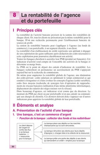 8 La rentabilité de l’agence 
30 
et du portefeuille 
I Principes clés 
La rentabilité de l’activité bancaire provient de la somme des rentabilités de 
chaque client. Or, tous les clients ne présentent pas la même rentabilité pour la 
banque. D’où une recherche permanente pour l’établissement bancaire de 
sources de profit. 
La notion de rentabilité bancaire peut s’appliquer à l’agence (au fonds de 
commerce), à un portefeuille, à un segment clientèle, à un client. 
La rentabilité d’un établissement de crédit représente son aptitude à dégager 
de son exploitation des gains suffisants après déduction des coûts nécessaires à 
cette exploitation pour poursuivre durablement son activité. 
Toutes les banques cherchent à accroître leur PNB (produit net bancaire). Cet 
indicateur d’activité rend compte de l’ensemble des activités de la banque et 
détermine sa marge brute. 
Le PNB est le point de départ des calculs d’indicateur de rentabilité. Les 
banques recherchent en permanence un accroissement du PNB s’appuyant 
aujourd’hui sur la recherche de commissions. 
De même pour augmenter la rentabilité globale de l’agence, une diminution 
des coûts prévaut : coûts salariaux en optimisant le temps commercial ce qui 
conduit à réorganiser et à faire évoluer les concepts d’agence (coûts variables), 
coûts fixes moyens (recherche de synergies lors d’opération de rapproche-ments 
de réseaux bancaires (utilisation d’une même plateforme informatique), 
déplacement des salariés des sièges sociaux vers le réseau). 
Dans beaucoup d’agences, cet indicateur n’est connu que du directeur. Le 
montant du PNB par client ou par portefeuille n’est pas calculé ou communi-qué 
aux chargés de clientèle. Ces derniers doivent donc s’appuyer sur d’autres 
indicateurs pour apprécier la rentabilité globale de leur portefeuille. 
II Éléments et analyse 
A. Présentation de l’activité d’une banque 
1. Une banque, c’est un commerce d’argent 
n Fonction de la banque : collecter des fonds et les redistribuer 
Le client dépose 
de l’argent et 
confie des flux 
à sa banque 
(salaires…) 
= ressources 
pour la banque. 
La banque place ses dépôts sur les marchés 
interbancaires qui lui sont rémunérés. 
La banque rémunère ses clients pour leurs dépôts 
d’épargne (= charges liées à la collecte de la ressource) 
La banque prête une partie des dépôts à ses clients 
qui demandent un crédit = emplois pour la banque 
 
