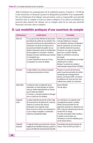 Fiche 10 • Le compte bancaire et son ouverture 
48 
Afin d’atténuer les conséquences de la solidarité passive, l’article L. 131-80 du 
Code monétaire et financier permet la désignation préalable d’un responsable. 
En cas d’émission d’un chèque sans provision, seul ce responsable sera interdit 
bancaire (sur ce compte et tous ses autres comptes). Les autres co-titulaires ne 
peuvent plus émettre de chèque sur ce compte mais ils ne sont pas interdits 
bancaires sur leurs autres comptes. 
D. Les modalités pratiques d’une ouverture de compte 
Vérifications Justifications Formalités 
État civil Il n’y a pas de liste officielle de documents 
permettant de justifier de son identité. Tout 
document émanant d’une administration et 
comportant une photo du titulaire est un 
document permettant de justifier de son 
identité. Cependant, devant la multiplication 
de faux papiers en circulation, certaines 
banques sont plus restrictives que d’autres 
et n’acceptent que : 
La carte d’identité de moins de 10 ans, 
Le passeport en cours de validité. 
Vérifier que le document produit 
n’est pas falsifié pour masquer 
une interdiction bancaire (modification 
date de naissance), qu’il est récent 
(on identifie clairement le porteur). 
Conserver une copie du document 
ayant servi à justifier l’identité. 
Signer la convention d’ouverture 
de compte. 
Recueillir la ou les signatures (si compte 
collectif joint ou indivis). 
Déclarer l’ouverture du compte à 
l’administration fiscale (fichier FICOBA). 
Domicile Il s’agit d’obtenir une adresse à laquelle 
la banque peut joindre son client. 
Envoyer un courrier de bienvenue 
après l’ouverture permettra de vérifier 
l’exactitude des renseignements 
donnés. Une facture EDF, une facture 
de téléphone de moins de trois mois 
suffisent pour justifier d’un domicile. 
Nationalité Le statut du client va dépendre de sa 
nationalité. Un client étranger en France 
mais qui réside habituellement en France 
aura le statut de résident. 
À l’inverse, un français résident à l’étranger 
aura un statut de non-résident. 
Carte d’identité 
Titre de séjour 
Capacité 
civile 
La pièce d’identité permet de vérifier l’âge 
de la personne et de déterminer si elle est 
majeure ou mineure (les mineurs 
émancipés ont la capacité civile). 
Dans le cas d’un mineur non émancipé et / 
ou d’un majeur incapable, la vérification 
s’étend au représentant légal. 
Les restrictions à la capacité civile 
(sauvegarde de justice, curatelle, 
tutelle) sont prononcées lors de 
jugements recensés au répertoire civil 
(RC). L’acte de naissance porte alors la 
mention RC en marge. 
Une telle consultation étant nuisible à 
la relation commerciale, ces 
vérifications ne seront réalisées qu’en 
cas de doute sérieux. 
Capacité 
bancaire 
Il s’agit de vérifier que la personne n’est pas 
frappée d’une interdiction bancaire, qu’elle n’a 
pas eu d’incident de remboursement de prêts. 
Consultation des fichiers banque de 
France : FCC et FICP (voir fiche 1). 
 