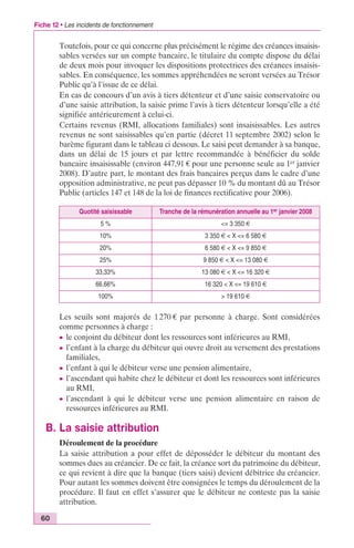 Fiche 12 • Les incidents de fonctionnement 
60 
Toutefois, pour ce qui concerne plus précisément le régime des créances insaisis-sables 
versées sur un compte bancaire, le titulaire du compte dispose du délai 
de deux mois pour invoquer les dispositions protectrices des créances insaisis-sables. 
En conséquence, les sommes appréhendées ne seront versées au Trésor 
Public qu’à l’issue de ce délai. 
En cas de concours d’un avis à tiers détenteur et d’une saisie conservatoire ou 
d’une saisie attribution, la saisie prime l’avis à tiers détenteur lorsqu’elle a été 
signifiée antérieurement à celui-ci. 
Certains revenus (RMI, allocations familiales) sont insaisissables. Les autres 
revenus ne sont saisissables qu’en partie (décret 11 septembre 2002) selon le 
barème figurant dans le tableau ci dessous. Le saisi peut demander à sa banque, 
dans un délai de 15 jours et par lettre recommandée à bénéficier du solde 
bancaire insaisissable (environ 447,91 € pour une personne seule au 1er janvier 
2008). D’autre part, le montant des frais bancaires perçus dans le cadre d’une 
opposition administrative, ne peut pas dépasser 10 % du montant dû au Trésor 
Public (articles 147 et 148 de la loi de finances rectificative pour 2006). 
Quotité saisissable Tranche de la rémunération annuelle au 1er janvier 2008 
5 % <= 3 350 € 
10% 3 350 € < X <= 6 580 € 
20% 6 580 € < X <= 9 850 € 
25% 9 850 € < X <= 13 080 € 
33,33% 13 080 € < X <= 16 320 € 
66,66% 16 320 < X <= 19 610 € 
100% > 19 610 € 
Les seuils sont majorés de 1 270 € par personne à charge. Sont considérées 
comme personnes à charge : 
c le conjoint du débiteur dont les ressources sont inférieures au RMI, 
c l’enfant à la charge du débiteur qui ouvre droit au versement des prestations 
familiales, 
c l’enfant à qui le débiteur verse une pension alimentaire, 
c l’ascendant qui habite chez le débiteur et dont les ressources sont inférieures 
au RMI, 
c l’ascendant à qui le débiteur verse une pension alimentaire en raison de 
ressources inférieures au RMI. 
B. La saisie attribution 
Déroulement de la procédure 
La saisie attribution a pour effet de déposséder le débiteur du montant des 
sommes dues au créancier. De ce fait, la créance sort du patrimoine du débiteur, 
ce qui revient à dire que la banque (tiers saisi) devient débitrice du créancier. 
Pour autant les sommes doivent être consignées le temps du déroulement de la 
procédure. Il faut en effet s’assurer que le débiteur ne conteste pas la saisie 
attribution. 
 