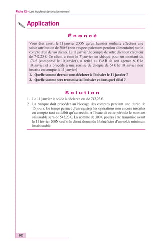 Fiche 12 • Les incidents de fonctionnement 
62 
Application 
É n o n c é 
Vous êtes averti le 11 janvier 200N qu’un huissier souhaite effectuer une 
saisie attribution de 300 € (non-respect paiement pension alimentaire) sur le 
compte d’un de vos clients. Le 11 janvier, le compte de votre client est créditeur 
de 742,23 €. Ce client a émis le 7 janvier un chèque pour un montant de 
174 € (compensé le 10 janvier), a retiré au GAB de son agence 80 € le 
10 janvier et a procédé à une remise de chèque de 54 € le 10 janvier non 
inscrite en compte le 11 janvier) 
1. Quelle somme devrait vous déclarer à l’huissier le 11 janvier ? 
2. Quelle somme sera transmise à l’huissier et dans quel délai ? 
S o l u t i o n 
1. Le 11 janvier le solde à déclarer est de 742,23 €. 
2 . La banque doit procéder au blocage des comptes pendant une durée de 
15 jours. Ce temps permet d’enregistrer les opérations non encore inscrites 
en compte tant au débit qu’au crédit. À l’issue de cette période le montant 
saisissable sera de 542,23 €. La somme de 300 € pourra être transmise avant 
le 11 février 200N sauf si le client demande à bénéficier d’un solde minimum 
insaisissable. 
 