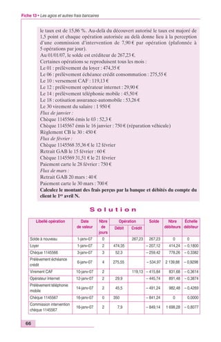 Fiche 13 • Les agios et autres frais bancaires 
66 
le taux est de 15,86 %. Au-delà du découvert autorisé le taux est majoré de 
1,5 point et chaque opération autorisée au delà donne lieu à la perception 
d’une commission d’intervention de 7,90 € par opération (plafonnée à 
5 opérations par jour). 
Au 01/01/07, le solde est créditeur de 267,23 €. 
Certaines opérations se reproduisent tous les mois : 
Le 01 : prélèvement du loyer : 474,35 € 
Le 06 : prélèvement échéance crédit consommation : 275,55 € 
Le 10 : versement CAF : 119,13 € 
Le 12 : prélèvement opérateur internet : 29,90 € 
Le 14 : prélèvement téléphonie mobile : 45,50 € 
Le 18 : cotisation assurance-automobile : 53,26 € 
Le 30 virement du salaire : 1 950 € 
Flux de janvier : 
Chèque 1145566 émis le 03 : 52,3 € 
Chèque 1145567 émis le 16 janvier : 750 € (réparation véhicule) 
Règlement CB le 30 : 450 € 
Flux de février : 
Chèque 1145568 35,36 € le 12 février 
Retrait GAB le 15 février : 60 € 
Chèque 1145569 31,51 € le 21 février 
Paiement carte le 28 février : 750 € 
Flux de mars : 
Retrait GAB 20 mars : 40 € 
Paiement carte le 30 mars : 700 € 
Calculez le montant des frais perçus par la banque et débités du compte du 
client le 1er avril N. 
S o l u t i o n 
Libellé opération Date 
de valeur 
Nbre 
de 
jours 
Opération Solde Nbre 
débiteurs 
Échelle 
Débit Crédit débiteur 
Solde à nouveau 1-janv-07 0 267,23 267,23 0 0 
Loyer 1-janv-07 2 474,35 – 207,12 414,24 – 0,1800 
Chèque 1145566 3-janv-07 3 52,3 – 259,42 778,26 – 0,3382 
Prélèvement échéance 
6-janv-07 4 275,55 – 534,97 2 139,88 – 0,9298 
crédit 
Virement CAF 10-janv-07 2 119,13 – 415,84 831,68 – 0,3614 
Opérateur Internet 12-janv-07 2 29,9 – 445,74 891,48 – 0,3874 
Prélèvement téléphonie 
14-janv-07 2 45,5 – 491,24 982,48 – 0,4269 
mobile 
Chèque 1145567 16-janv-07 0 350 – 841,24 0 0,0000 
Commission intervention 
chèque 1145567 
16-janv-07 2 7,9 – 849,14 1 698,28 – 0,8077 
 