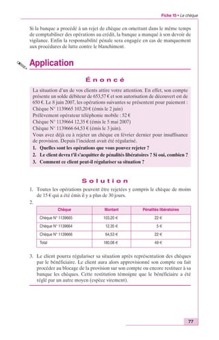 Fiche 15 • Le chèque 
Si la banque a procédé à un rejet de chèque en omettant dans le même temps 
de comptabiliser des opérations au crédit, la banque a manqué à son devoir de 
vigilance. Enfin la responsabilité pénale sera engagée en cas de manquement 
aux procédures de lutte contre le blanchiment. 
Application 
77 
É n o n c é 
La situation d’un de vos clients attire votre attention. En effet, son compte 
présente un solde débiteur de 653,57 € et son autorisation de découvert est de 
650 €. Le 8 juin 2007, les opérations suivantes se présentent pour paiement : 
Chèque N° 1139665 103,20 € (émis le 2 juin) 
Prélèvement opérateur téléphonie mobile : 52 € 
Chèque N° 1139664 12,35 € (émis le 5 mai 2007) 
Chèque N° 1139666 64,53 € (émis le 3 juin). 
Vous avez déjà eu à rejeter un chèque en février dernier pour insuffisance 
de provision. Depuis l’incident avait été régularisé. 
1. Quelles sont les opérations que vous pouvez rejeter ? 
2. Le client devra t’il s’acquitter de pénalités libératoires ? Si oui, combien ? 
3. Comment ce client peut-il régulariser sa situation ? 
S o l u t i o n 
1. Toutes les opérations peuvent être rejetées y compris le chèque de moins 
de 15 € qui a été émis il y a plus de 30 jours. 
2. 
Chèque Montant Pénalités libératoires 
Chèque N° 1139665 103,20 € 22 € 
Chèque N° 1139664 12,35 € 5 € 
Chèque N° 1139666 64,53 € 22 € 
Total 180,08 € 49 € 
3. Le client pourra régulariser sa situation après représentation des chèques 
par le bénéficiaire. Le client aura alors approvisionné son compte ou fait 
procéder au blocage de la provision sur son compte ou encore restituer à sa 
banque les chèques. Cette restitution témoigne que le bénéficiaire a été 
réglé par un autre moyen (espèce virement). 
 