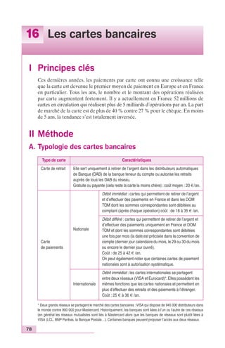 16 Les cartes bancaires 
I Principes clés 
Ces dernières années, les paiements par carte ont connu une croissance telle 
que la carte est devenue le premier moyen de paiement en Europe et en France 
en particulier. Tous les ans, le nombre et le montant des opérations réalisées 
par carte augmentent fortement. Il y a actuellement en France 52 millions de 
cartes en circulation qui réalisent plus de 5 milliards d’opérations par an. La part 
de marché de la carte est de plus de 40 % contre 27 % pour le chèque. En moins 
de 5 ans, la tendance s’est totalement inversée. 
II Méthode 
A. Typologie des cartes bancaires 
78 
Type de carte Caractéristiques 
Carte de retrait Elle sert uniquement à retirer de l’argent dans les distributeurs automatiques 
de Banque (DAB) de la banque teneur du compte ou autorise les retraits 
auprès de tous les DAB du réseau. 
Gratuite ou payante (cela reste la carte la moins chère) : coût moyen : 20 €/an. 
Carte 
de paiements 
Nationale 
Débit immédiat : cartes qui permettent de retirer de l’argent 
et d’effectuer des paiements en France et dans les DOM 
TOM dont les sommes correspondantes sont débitées au 
comptant (après chaque opération) coût : de 18 à 35 € /an. 
Débit différé : cartes qui permettent de retirer de l’argent et 
d’effectuer des paiements uniquement en France et DOM 
TOM et dont les sommes correspondantes sont débitées 
une fois par mois (la date est précisée dans la convention de 
compte (dernier jour calendaire du mois, le 29 ou 30 du mois 
ou encore le dernier jour ouvré). 
Coût : de 25 à 42 € /an. 
On peut également noter que certaines cartes de paiement 
nationales sont à autorisation systématique. 
Internationale 
Débit immédiat : les cartes internationales se partagent 
entre deux réseaux (VISA et Eurocard)*. Elles possèdent les 
mêmes fonctions que les cartes nationales et permettent en 
plus d’effectuer des retraits et des paiements à l’étranger. 
Coût : 25 € à 36 € /an. 
* Deux grands réseaux se partagent le marché des cartes bancaires : VISA qui dispose de 945 000 distributeurs dans 
le monde contre 900 000 pour Mastercard. Historiquement, les banques sont liées à l’un ou l’autre de ces réseaux 
(en général les réseaux mutualistes sont liés à Mastercard alors que les banques de réseaux sont plutôt liées à 
VISA (LCL, BNP Paribas, la Banque Postale…). Certaines banques peuvent proposer l’accès aux deux réseaux. 
 