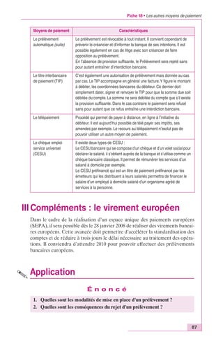 Fiche 18 • Les autres moyens de paiement 
87 
Moyens de paiement Caractéristiques 
Le prélèvement 
automatique (suite) 
Le prélèvement est révocable à tout instant. Il convient cependant de 
prévenir le créancier et d’informer la banque de ses intentions. Il est 
possible également en cas de litige avec son créancier de faire 
opposition au prélèvement. 
En l’absence de provision suffisante, le Prélèvement sera rejeté sans 
pour autant entraîner d’interdiction bancaire. 
III Compléments : le virement européen 
Dans le cadre de la réalisation d’un espace unique des paiements européens 
(SEPA), il sera possible dès le 28 janvier 2008 de réaliser des virements bancai-res 
européens. Cette avancée doit permettre d’accélérer la standardisation des 
comptes et de réduire à trois jours le délai nécessaire au traitement des opéra-tions. 
Il conviendra d’attendre 2010 pour pouvoir effectuer des prélèvements 
bancaires européens. 
Application 
É n o n c é 
Le titre interbancaire 
de paiement (TIP) 
C’est également une autorisation de prélèvement mais donnée au cas 
par cas. Le TIP accompagne en général une facture. Y figure le montant 
à débiter, les coordonnées bancaires du débiteur. Ce dernier doit 
simplement dater, signer et renvoyer le TIP pour que la somme due soit 
débitée du compte. La somme ne sera débitée du compte que s’il existe 
la provision suffisante. Dans le cas contraire le paiement sera refusé 
sans pour autant que ce refus entraîne une interdiction bancaire. 
Le télépaiement Procédé qui permet de payer à distance, en ligne à l’initiative du 
débiteur. Il est aujourd’hui possible de télé payer ses impôts, ses 
amendes par exemple. Le recours au télépaiement n’exclut pas de 
pouvoir utiliser un autre moyen de paiement. 
Le chèque emploi 
service universel 
(CESU) 
Il existe deux types de CESU : 
Le CESU bancaire qui se compose d’un chèque et d’un volet social pour 
déclarer le salarié. il s’obtient auprès de la banque et s’utilise comme un 
chèque bancaire classique. Il permet de rémunérer les services d’un 
salarié à domicile par exemple. 
Le CESU préfinancé qui est un titre de paiement préfinancé par les 
émetteurs qui les distribuent à leurs salariés permettra de financer le 
salaire d’un employé à domicile salarié d’un organisme agréé de 
services à la personne. 
1. Quelles sont les modalités de mise en place d’un prélèvement ? 
2. Quelles sont les conséquences du rejet d’un prélèvement ? 
 