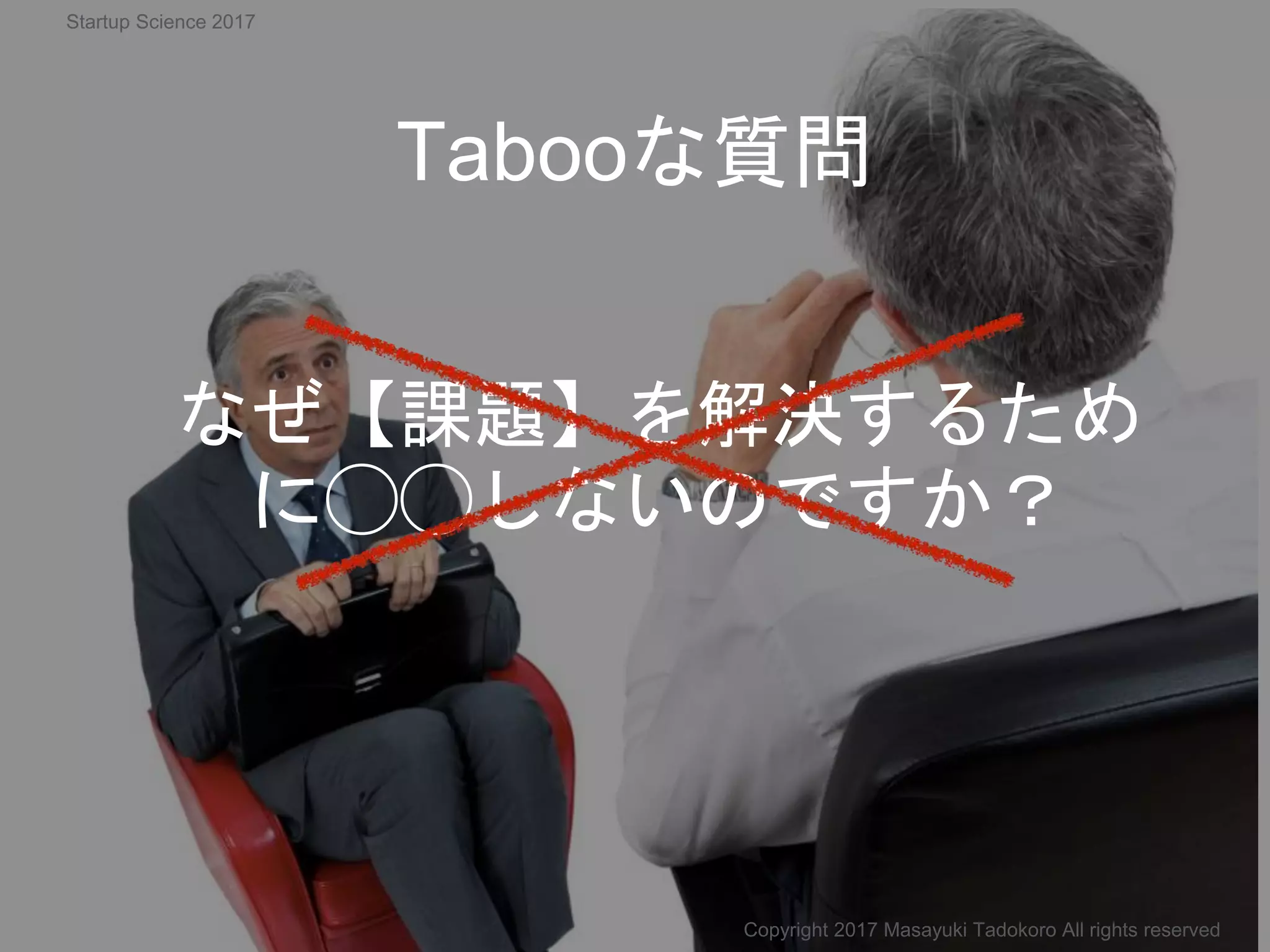 Tabooな質問
なぜ【課題】を解決するため
に◯◯しないのですか？
Copyright 2017 Masayuki Tadokoro All rights reserved
Startup Science 2017
 
