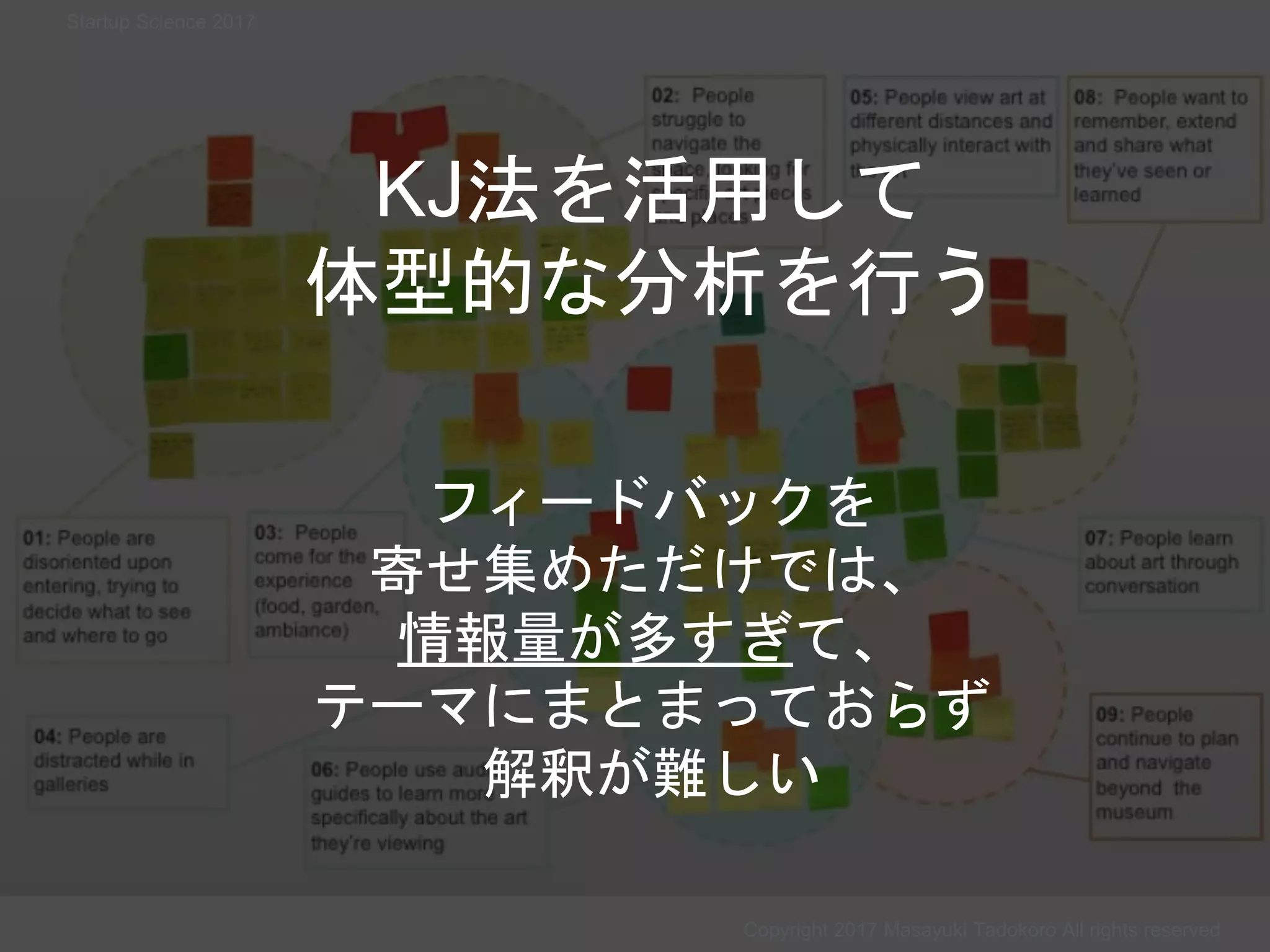 Copyright 2017 Masayuki Tadokoro All rights reserved
KJ法を活用して
体型的な分析を行う
Startup Science 2017
フィードバックを
寄せ集めただけでは、
情報量が多すぎて、
テーマにまとまっておらず
解釈が難しい
 