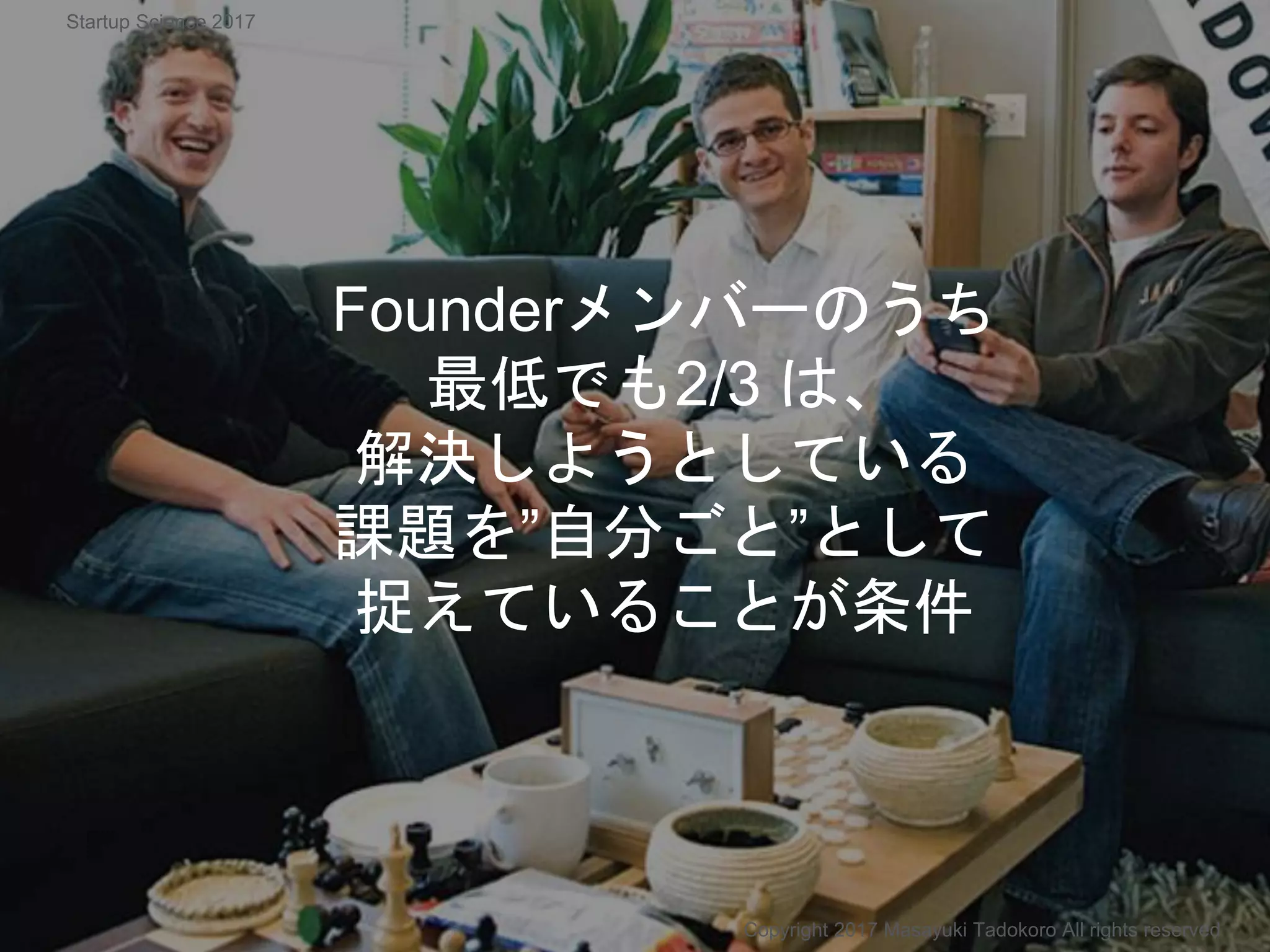 Founderメンバーのうち
最低でも2/3 は、
解決しようとしている
課題を”自分ごと”として
捉えていることが条件
Copyright 2017 Masayuki Tadokoro All rights reserved
Startup Science 2017
 