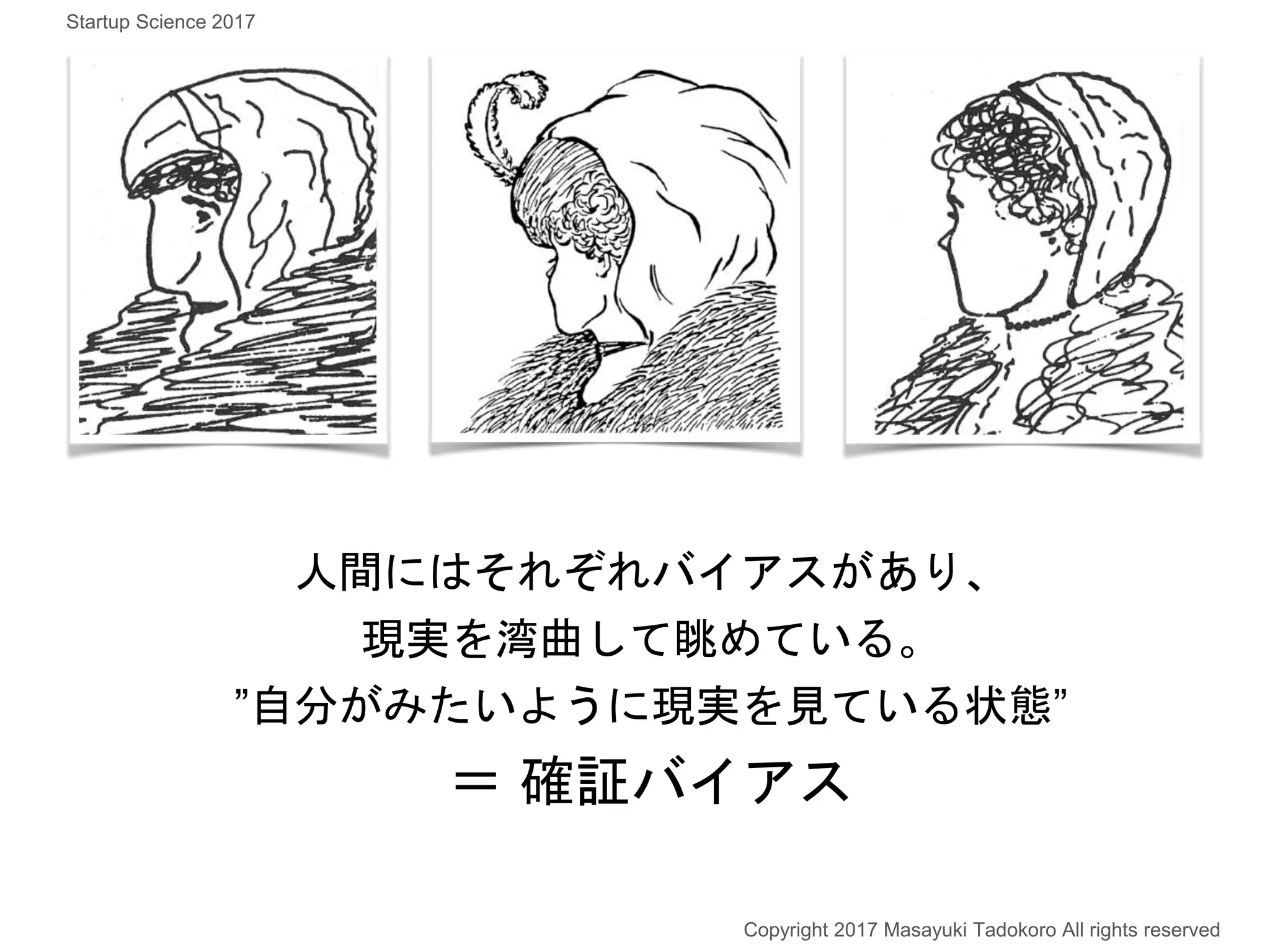 人間にはそれぞれバイアスがあり、
現実を湾曲して眺めている。
”自分がみたいように現実を見ている状態”
＝ 確証バイアス
Copyright 2017 Masayuki Tadokoro All rights reserved
Startup Science 2017
 