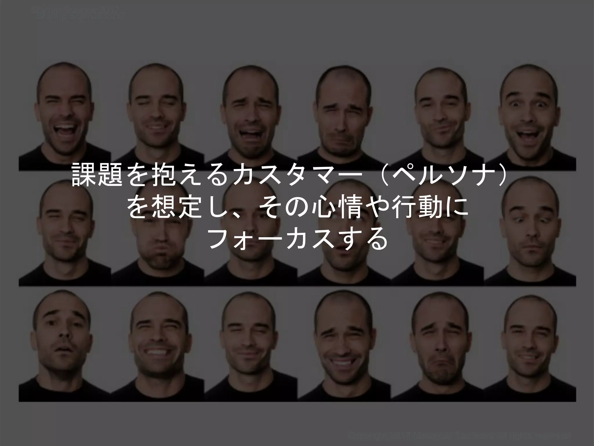課題を抱えるカスタマー（ペルソナ）
を想定し、その心情や行動に
フォーカスする
Copyright 2017 Masayuki Tadokoro All rights reserved
Startup Science 2017
Startup Science 2017
 
