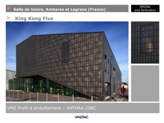 + Salle de loisirs, Ambares et Lagrave (France)
VMZINC
and Perforation
VMZ Profil à emboîtement – ANTHRA-ZINC
> King Kong Five
 