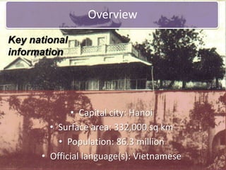 OverviewKey national informationCapital city: HanoiSurface area: 332,000 sq kmPopulation: 86.3 millionOfficial language(s): Vietnamese