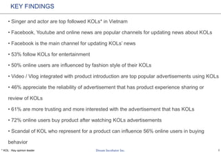 2
KEY FINDINGS
• Singer and actor are top followed KOLs* in Vietnam
• Facebook, Youtube and online news are popular channe...