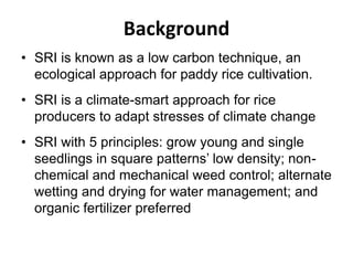 Background
• SRI is known as a low carbon technique, an
ecological approach for paddy rice cultivation.
• SRI is a climate...