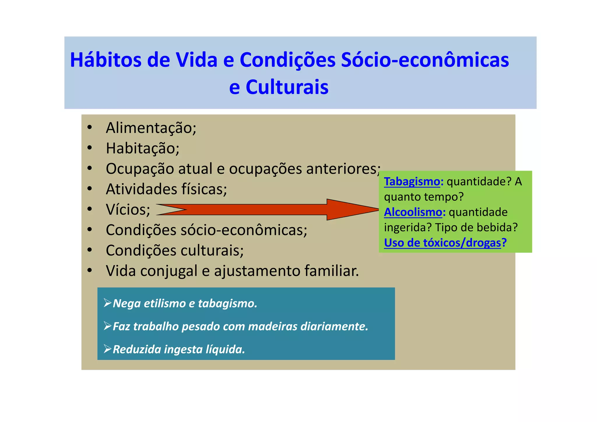Hábitos de Vida e Condições Sócio-econômicas
e Culturais
• Alimentação;
• Habitação;
• Ocupação atual e ocupações anteriores;
• Atividades físicas;
• Vícios;
• Condições sócio-econômicas;
• Condições culturais;
• Vida conjugal e ajustamento familiar.
Tabagismo: quantidade? A
quanto tempo?
Alcoolismo: quantidade
ingerida? Tipo de bebida?
Uso de tóxicos/drogas?
Nega etilismo e tabagismo.
Faz trabalho pesado com madeiras diariamente.
Reduzida ingesta líquida.
 
