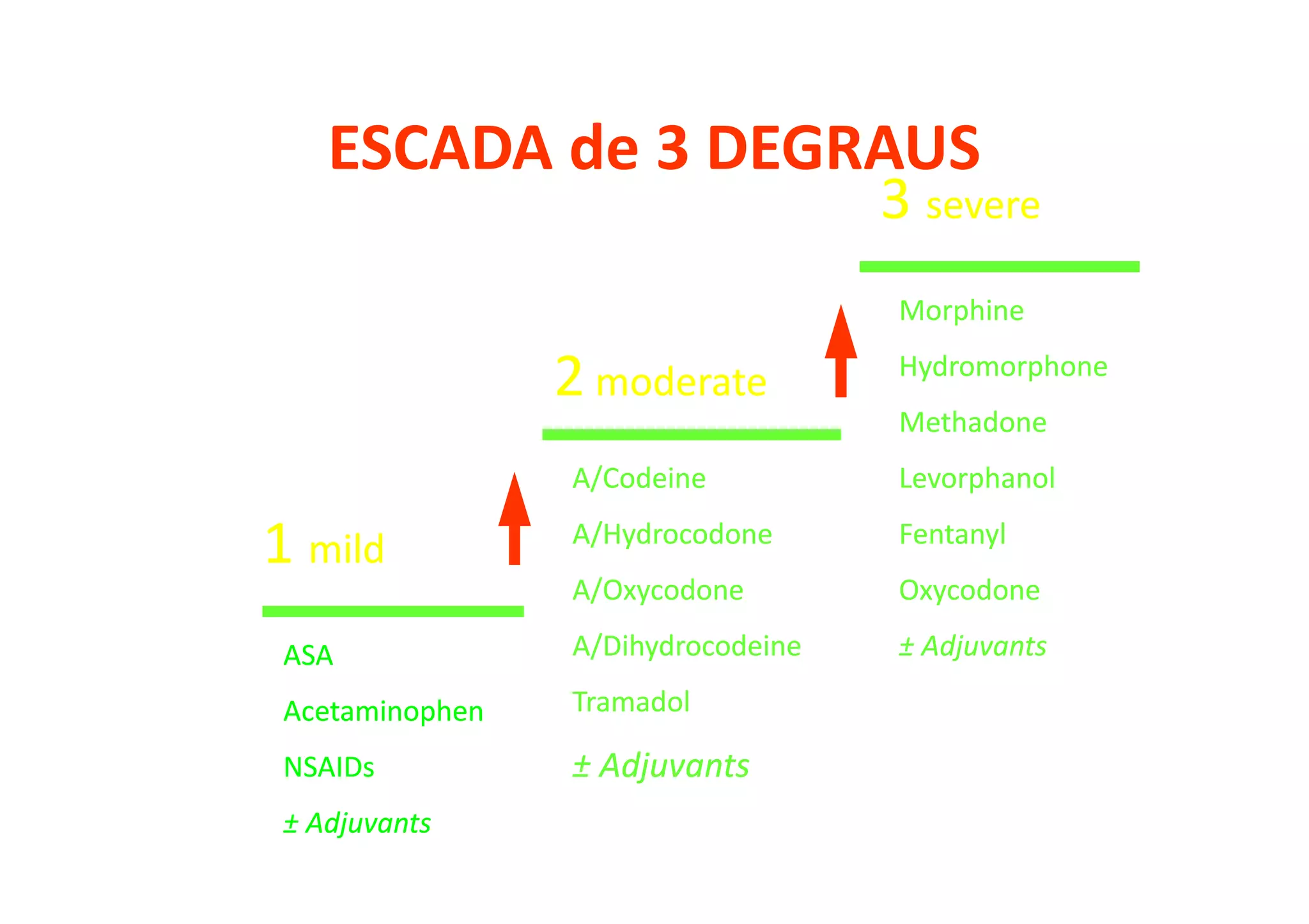 ESCADA de 3 DEGRAUS
1 mild1 mild
2 moderate2 moderate
3 severe3 severe
Morphine
Hydromorphone
Methadone
Levorphanol
Fentanyl
Oxycodone
± Adjuvants
Morphine
Hydromorphone
Methadone
Levorphanol
Fentanyl
Oxycodone
± Adjuvants
A/Codeine
A/Hydrocodone
A/Oxycodone
A/Dihydrocodeine
Tramadol
± Adjuvants
A/Codeine
A/Hydrocodone
A/Oxycodone
A/Dihydrocodeine
Tramadol
± Adjuvants
ASA
Acetaminophen
NSAIDs
± Adjuvants
ASA
Acetaminophen
NSAIDs
± Adjuvants
 