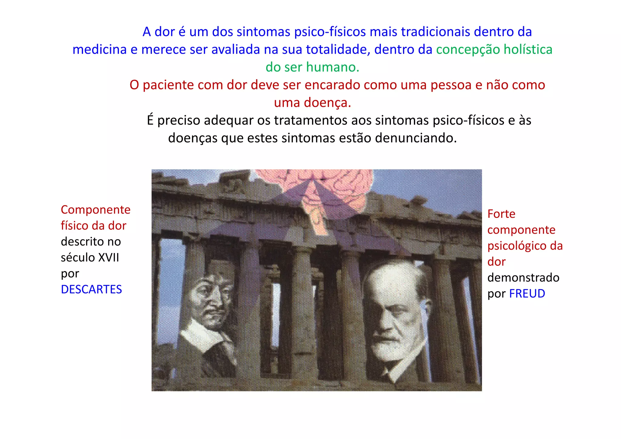 A dor é um dos sintomas psico-físicos mais tradicionais dentro da
medicina e merece ser avaliada na sua totalidade, dentro da concepção holística
do ser humano.
O paciente com dor deve ser encarado como uma pessoa e não como
uma doença.
É preciso adequar os tratamentos aos sintomas psico-físicos e às
doenças que estes sintomas estão denunciando.
Componente
físico da dor
descrito no
século XVII
por
DESCARTES
Forte
componente
psicológico da
dor
demonstrado
por FREUD
 