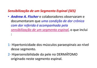 Sensibilização de um Segmento Espinal (SES)
• Andrew A. Fischer e colaboradores observaram e
documentaram que uma condição de dor crônica
com dor referida é acompanhada pela
sensibilização de um segmento espinal, o que inclui
:
1- Hipertonicidade dos músculos paraespinais ao nível
desse segmento.
2- Hipersensibilidade da pele no DERMÁTOMO
originado neste segmento espinal.
 