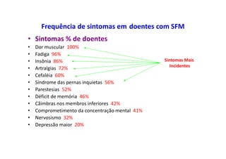 Frequência de sintomas em doentes com SFM
• Sintomas % de doentes
• Dor muscular 100%
• Fadiga 96%
• Insônia 86%
• Artralgias 72%
• Cefaléia 60%
• Síndrome das pernas inquietas 56%
• Parestesias 52%
• Déficit de memória 46%
• Cãimbras nos membros inferiores 42%
• Comprometimento da concentração mental 41%
• Nervosismo 32%
• Depressão maior 20%
Sintomas Mais
Incidentes
 