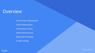Proprietary + ConfidentialProprietary + Confidential
Proprietary + Confidential
Overview
On-premises infrastructure
Cloud infrastructure
Connecting to cloud
Hybrid infrastructure
Secure all the things!
Further reading
 