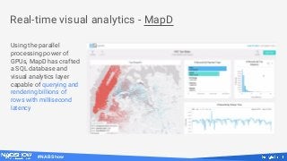 #NABShow
Real-time visual analytics - MapD
Using the parallel
processing power of
GPUs, MapD has crafted
a SQL database and
visual analytics layer
capable of querying and
rendering billions of
rows with millisecond
latency
 