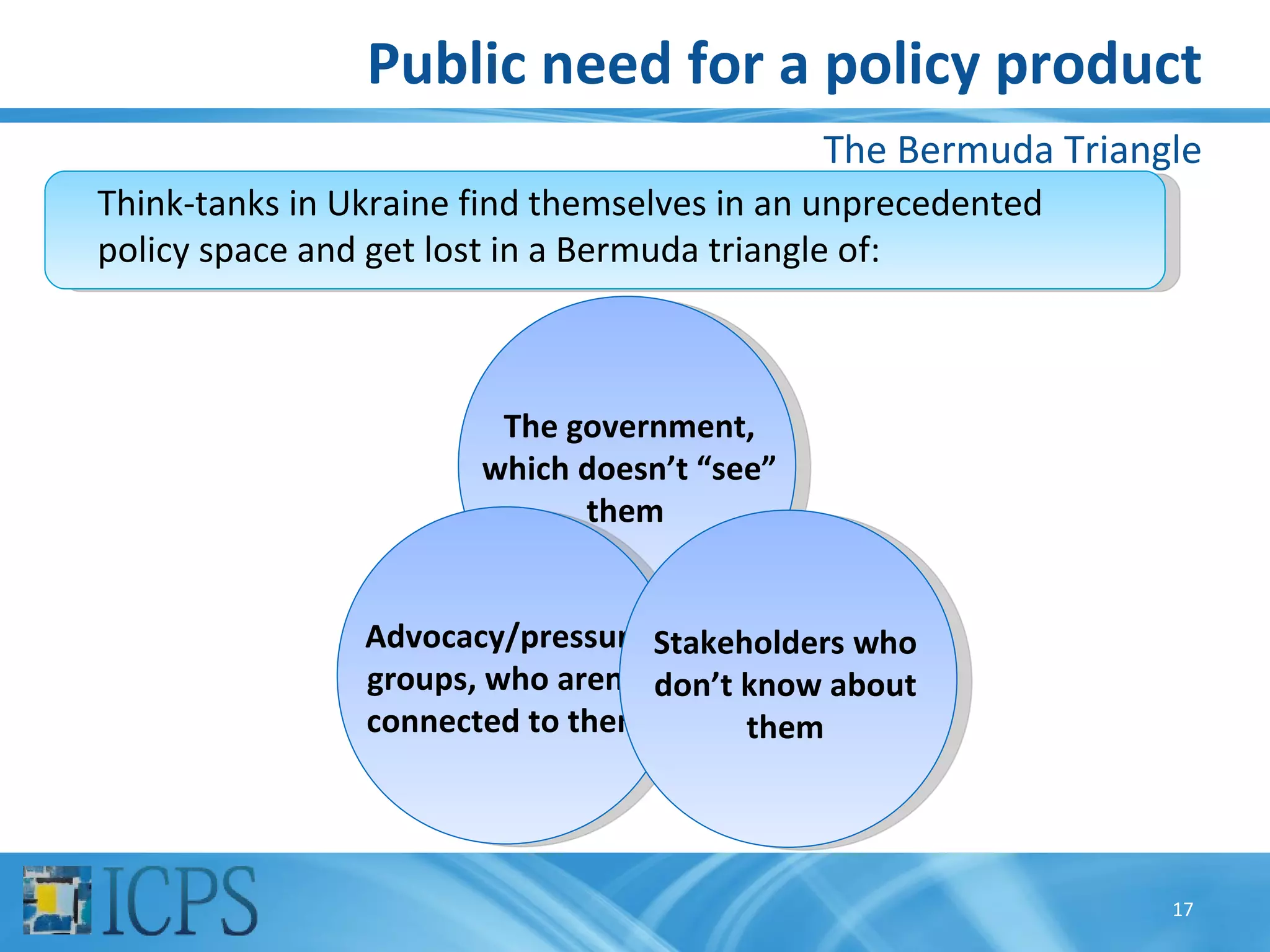 Public need for a policy product
                                             The Bermuda Triangle
Think-tanks in Ukraine find themselves in an unprecedented
policy space and get lost in a Bermuda triangle of:



                        The government,
                       which doesn’t “see”
                             them


                Advocacy/pressure Stakeholders who
                groups, who aren’t don’t know about
                connected to them        them




                                                               17
 