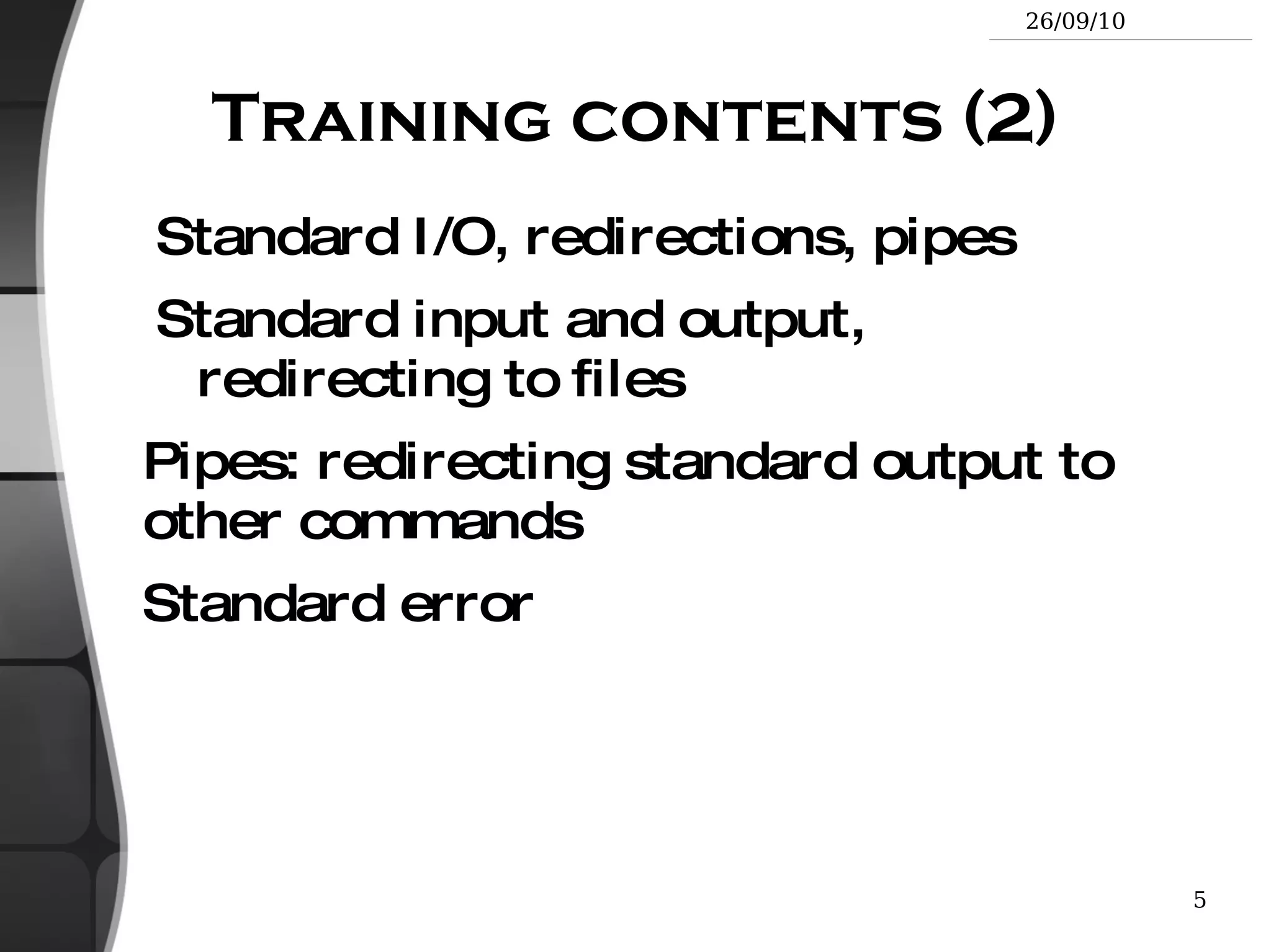Command memento sheet It is a useful companion to this presentation. Examples for the most useful commands are given in just one sheet. Suggestions for use Stick this sheet on your wall, use it as desktop wallpaper, make it a mouse mat, print it on clothing, slice it into bookmarks... Caution Store away from mice! 