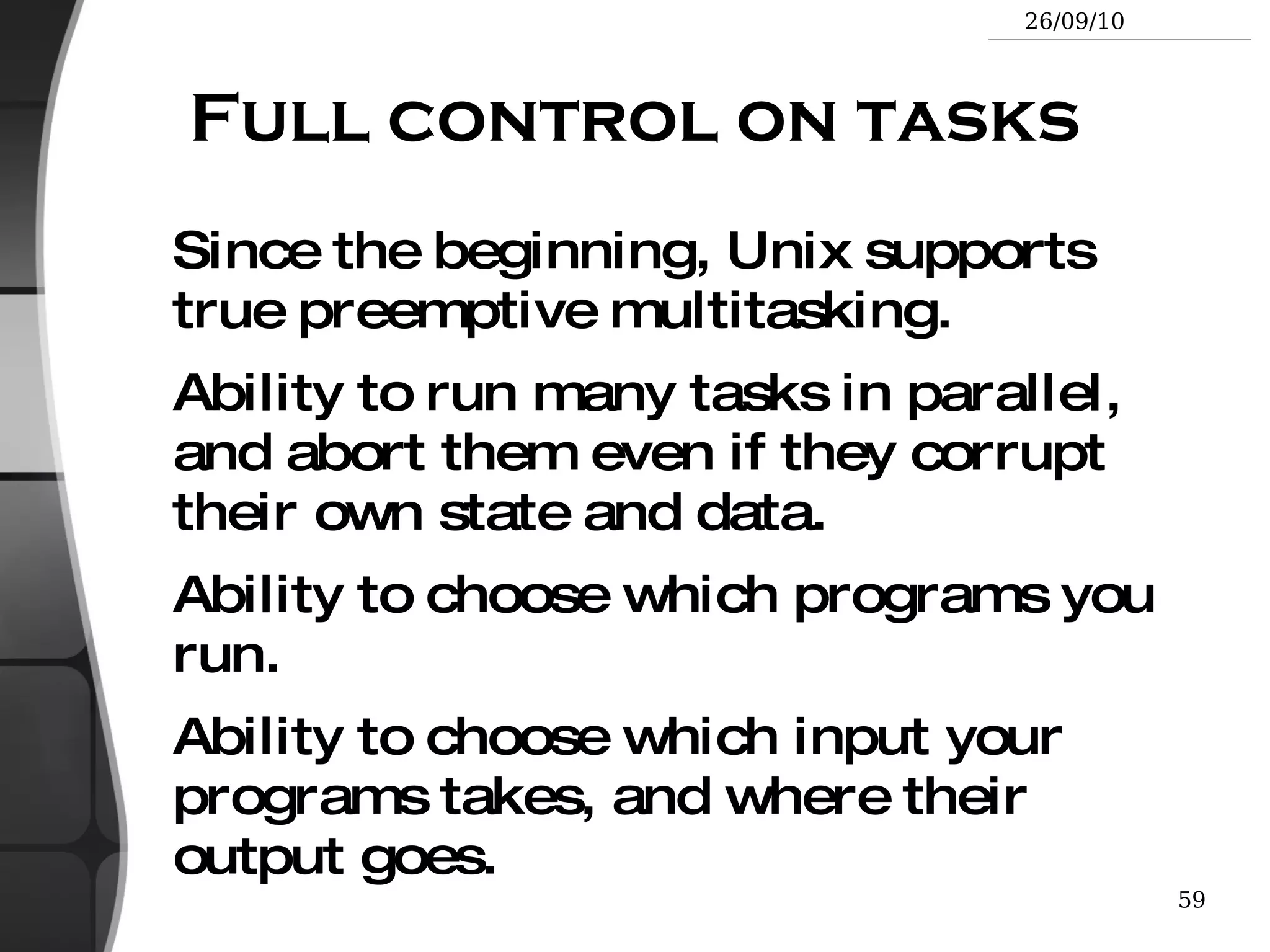 GNU/Linux filesystem structure (3) /tmp/ Temporary files /usr/ Regular user tools (not essential to the system) /usr/bin/ ,  /usr/lib/ ,  /usr/sbin ... /usr/local/   Specific software installed by the sysadmin (often preferred to  /opt/ ) /var/ Data used by the system or system servers /var/log/ ,  /var/spool/mail  (incoming      mail),  /var/spool/lpd  (print jobs)... The Unix filesystem structure is defined by the Filesystem Hierarchy Standard (FHS): http://www.pathname.com/fhs/ 