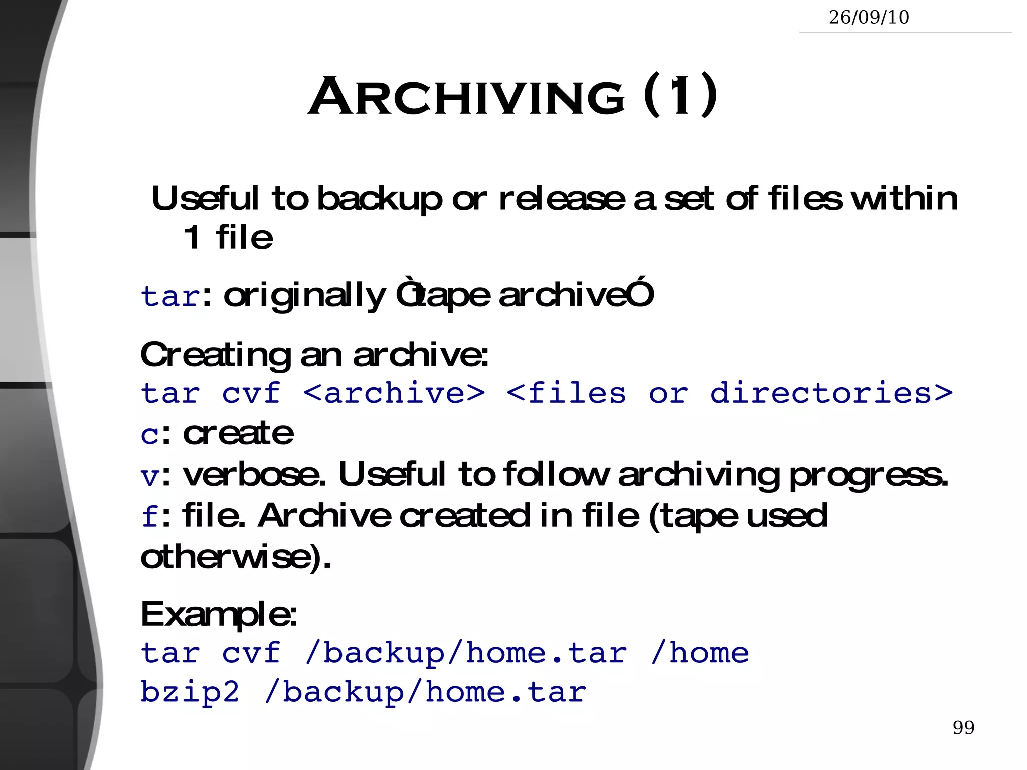 rsync examples (1) rsync -a /home/vuhung/work /home/backup/work -a : archive mode. Equivalent to  -rlptgoD ... easy way to tell you want recursion and want to preserve almost everything. rsync -Pav --delete /home/vuhung/work/ /home/backup/work/ -P :  --partial  (keep partially transferred files) and  --progress  (show progress during transfer) --delete : delete files in the target which don't exist in the source. Caution : directory names should end with  /  .  Otherwise, you get a backup/work /  directory at the destination. 