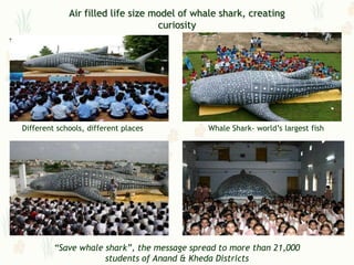 Air filled life size model of whale shark, creating
                                   curiosity




Different schools, different places          Whale Shark- world’s largest fish




         “Save whale shark”, the message spread to more than 21,000
                     students of Anand & Kheda Districts
 